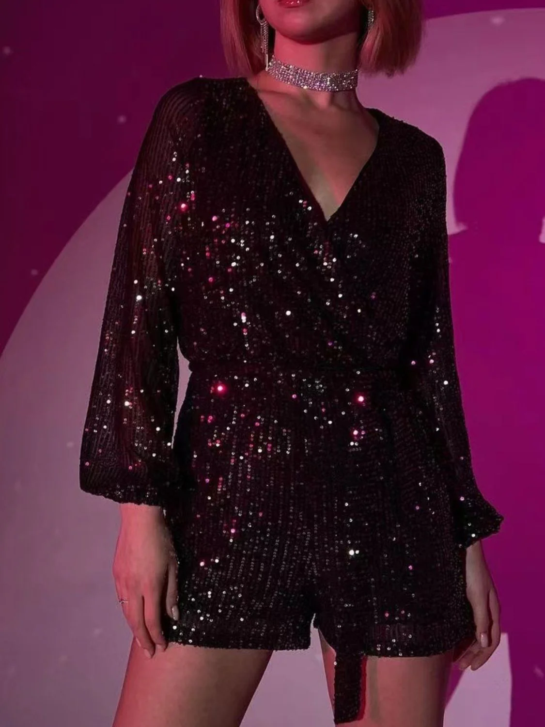 Full Size Sequin Surplice Tie Waist Long Sleeve Romper - Image 10