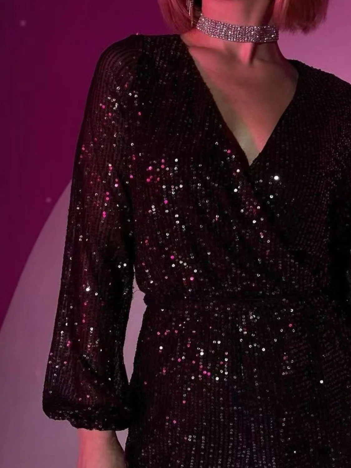 Full Size Sequin Surplice Tie Waist Long Sleeve Romper - Image 11