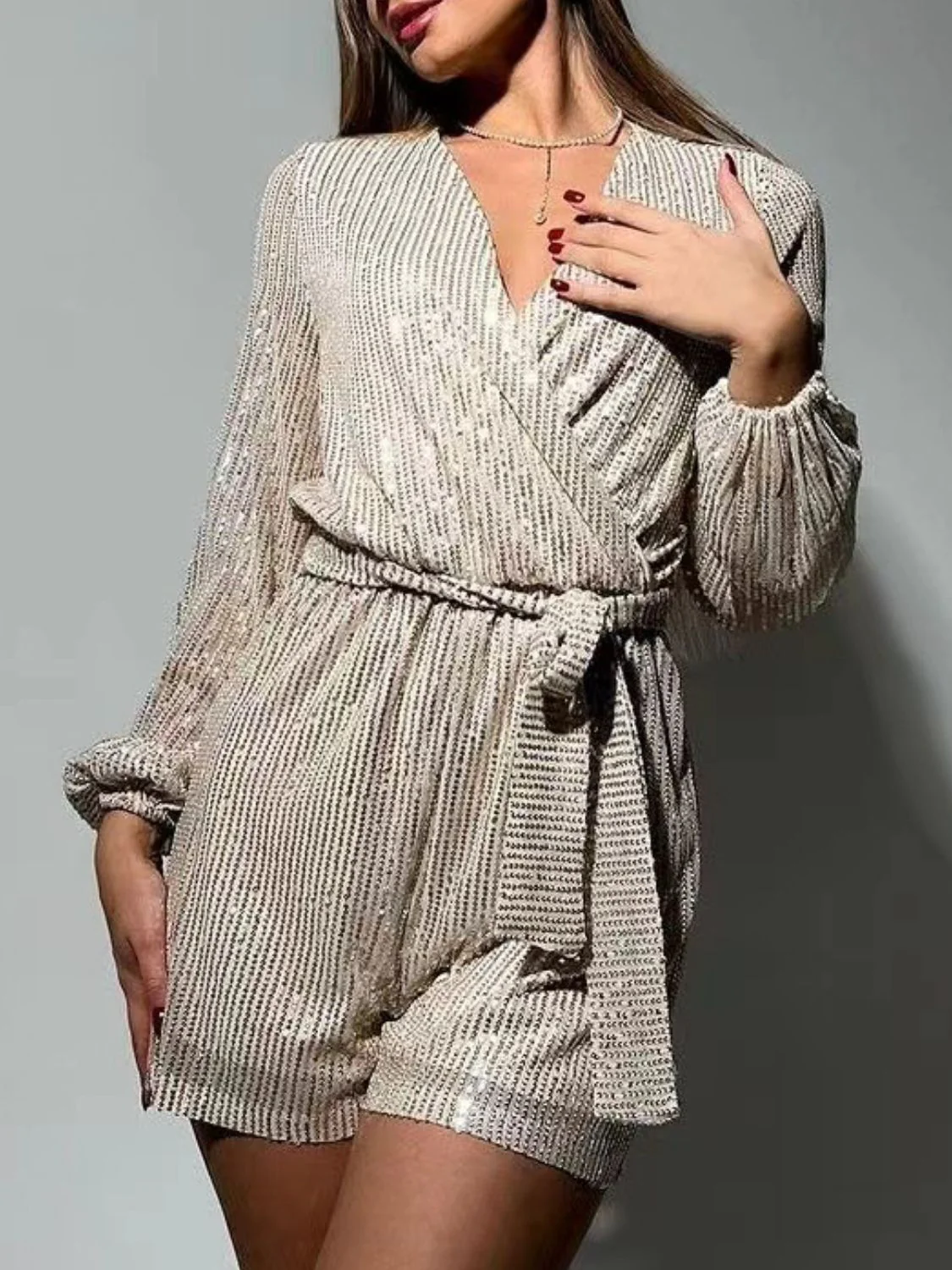 Full Size Sequin Surplice Tie Waist Long Sleeve Romper - Image 14