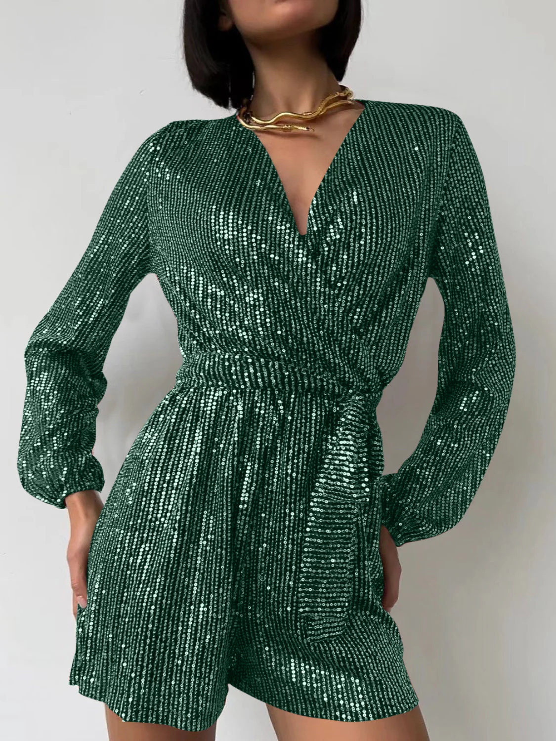 Full Size Sequin Surplice Tie Waist Long Sleeve Romper - Image 16