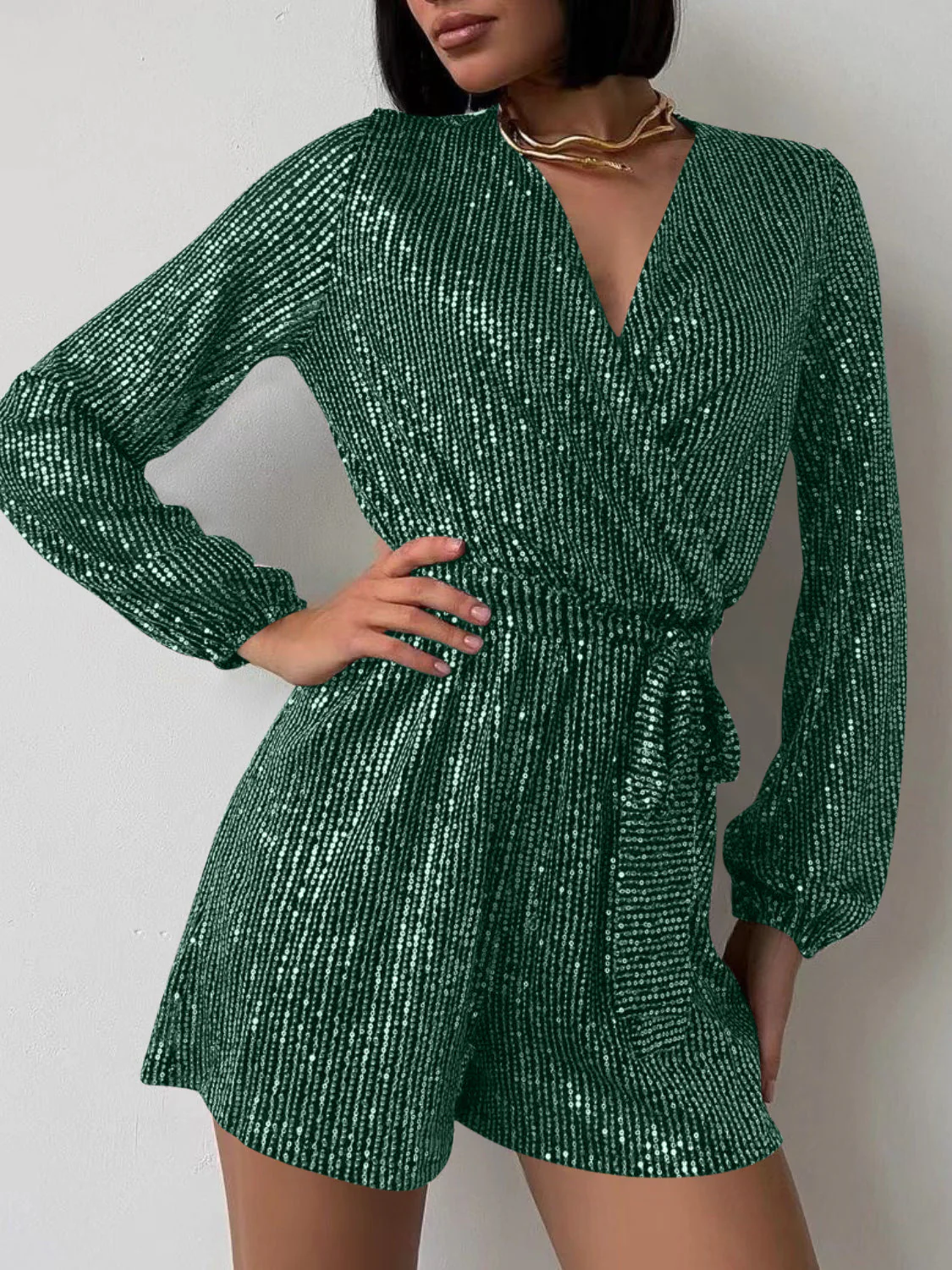Full Size Sequin Surplice Tie Waist Long Sleeve Romper - Image 17
