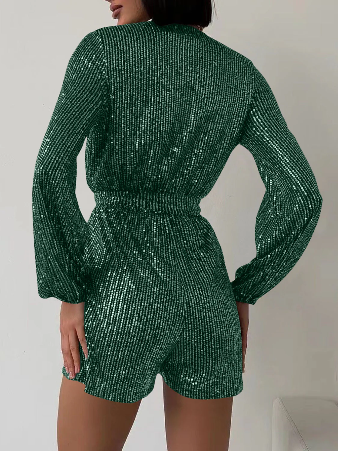 Full Size Sequin Surplice Tie Waist Long Sleeve Romper - Image 18