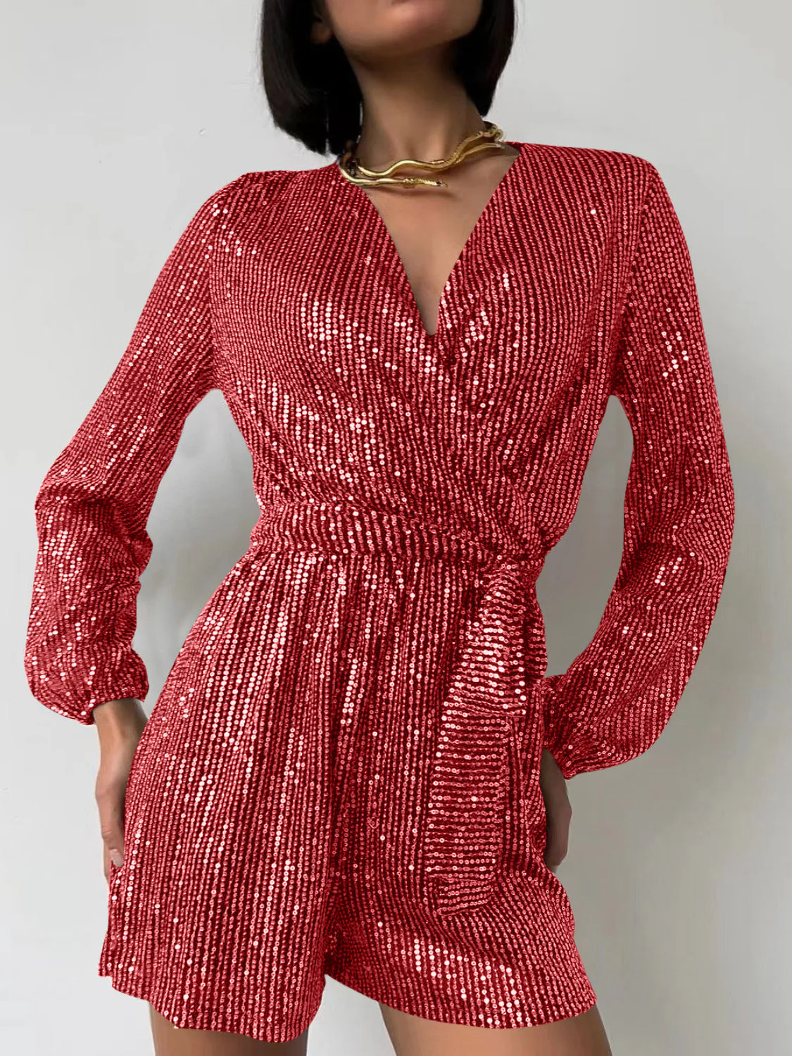 Full Size Sequin Surplice Tie Waist Long Sleeve Romper - Image 19