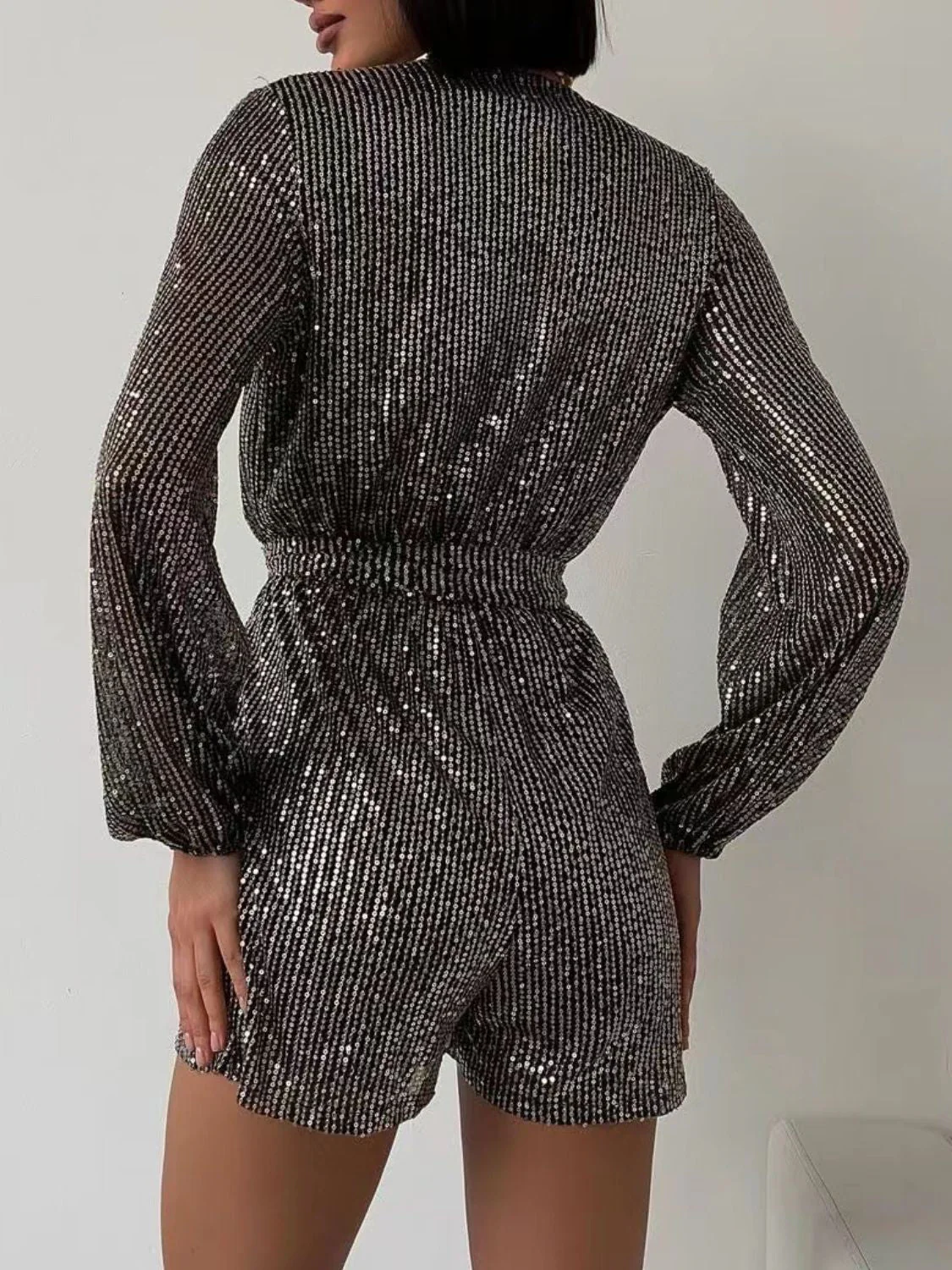 Full Size Sequin Surplice Tie Waist Long Sleeve Romper - Image 2
