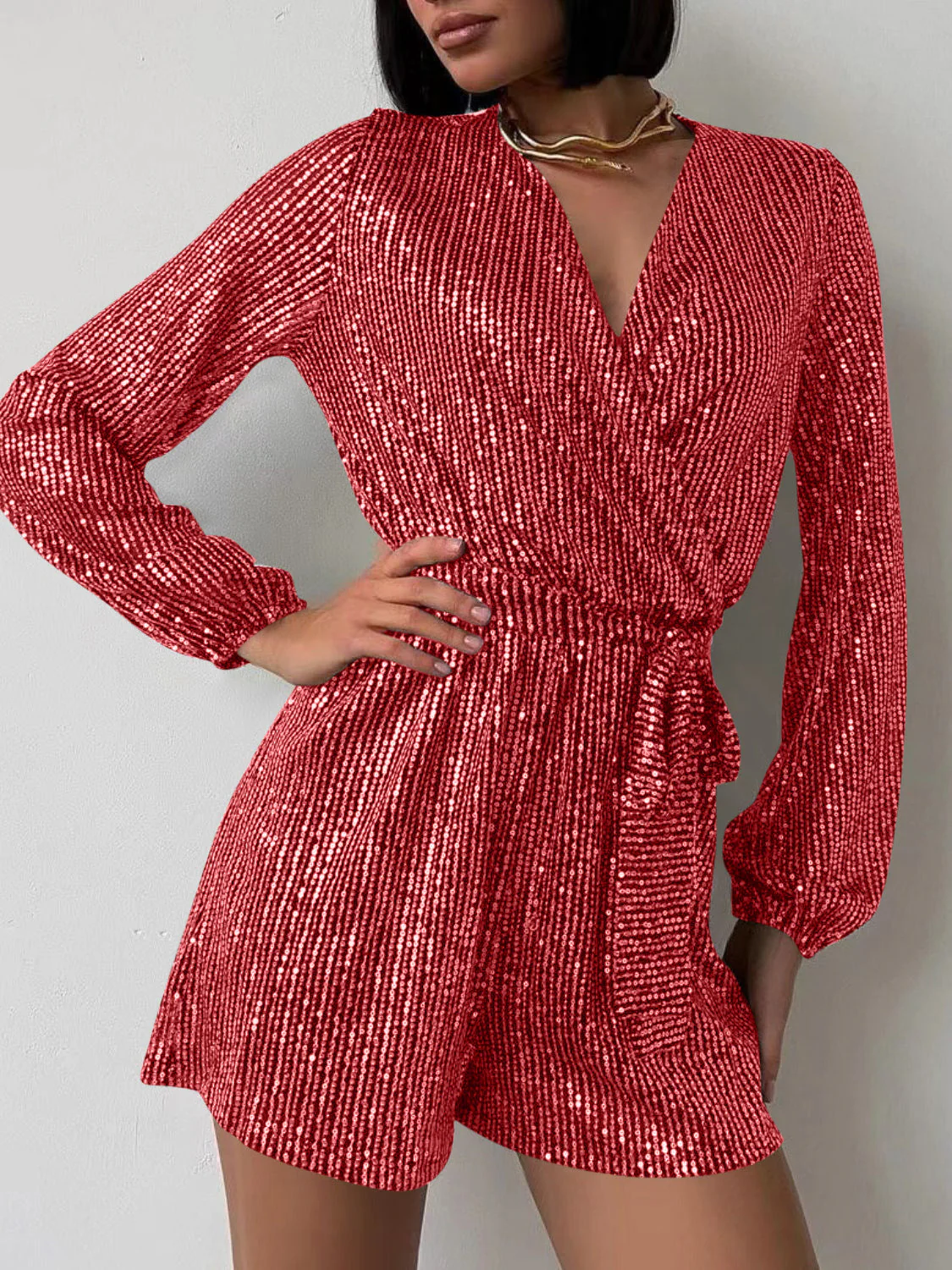 Full Size Sequin Surplice Tie Waist Long Sleeve Romper - Image 20