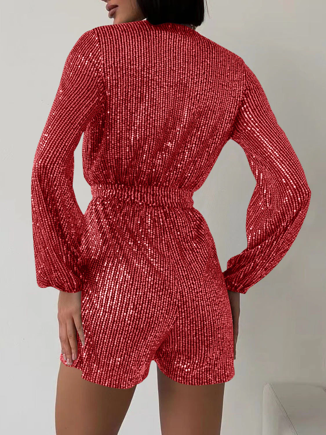 Full Size Sequin Surplice Tie Waist Long Sleeve Romper - Image 21