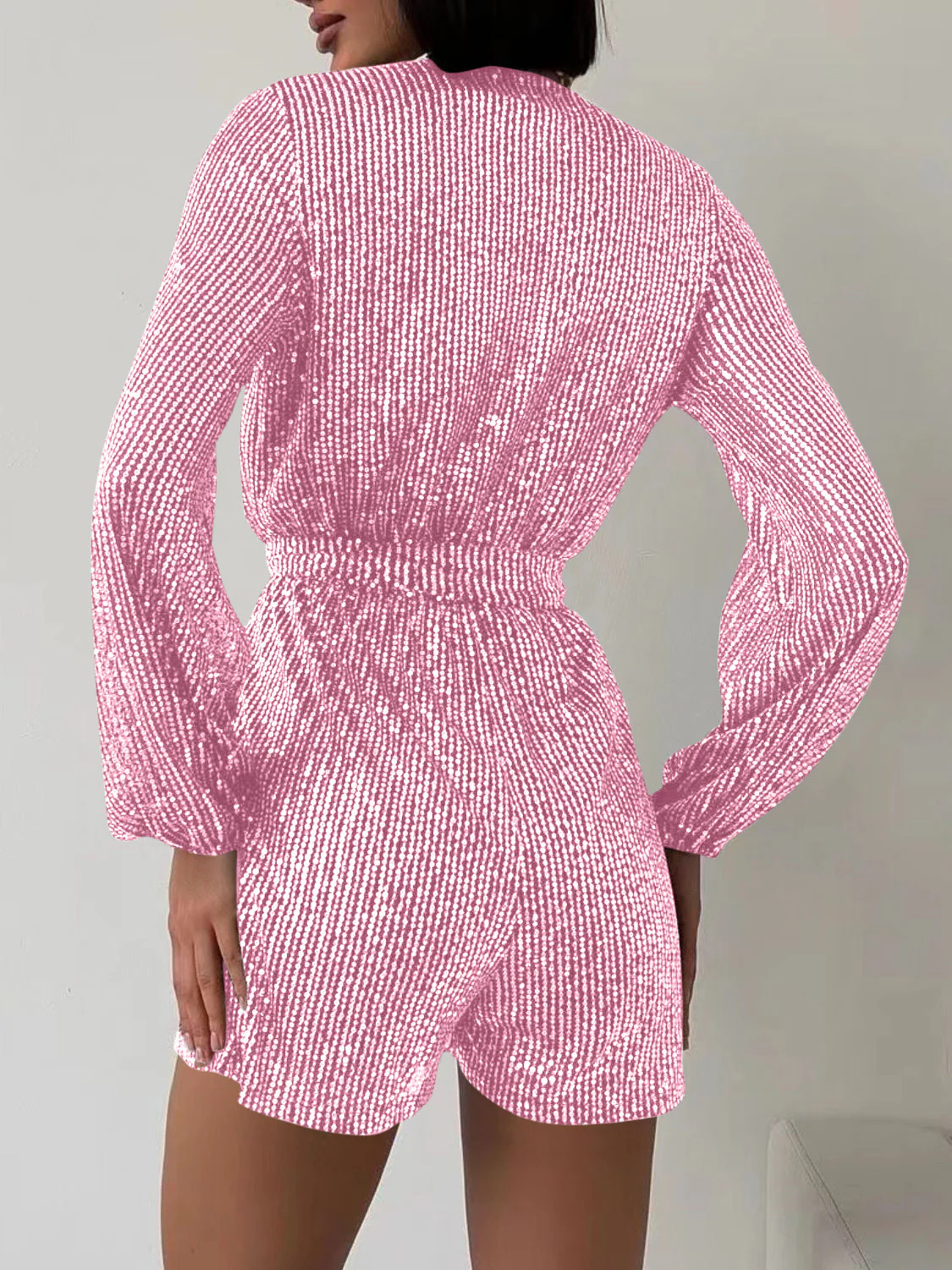 Full Size Sequin Surplice Tie Waist Long Sleeve Romper - Image 24