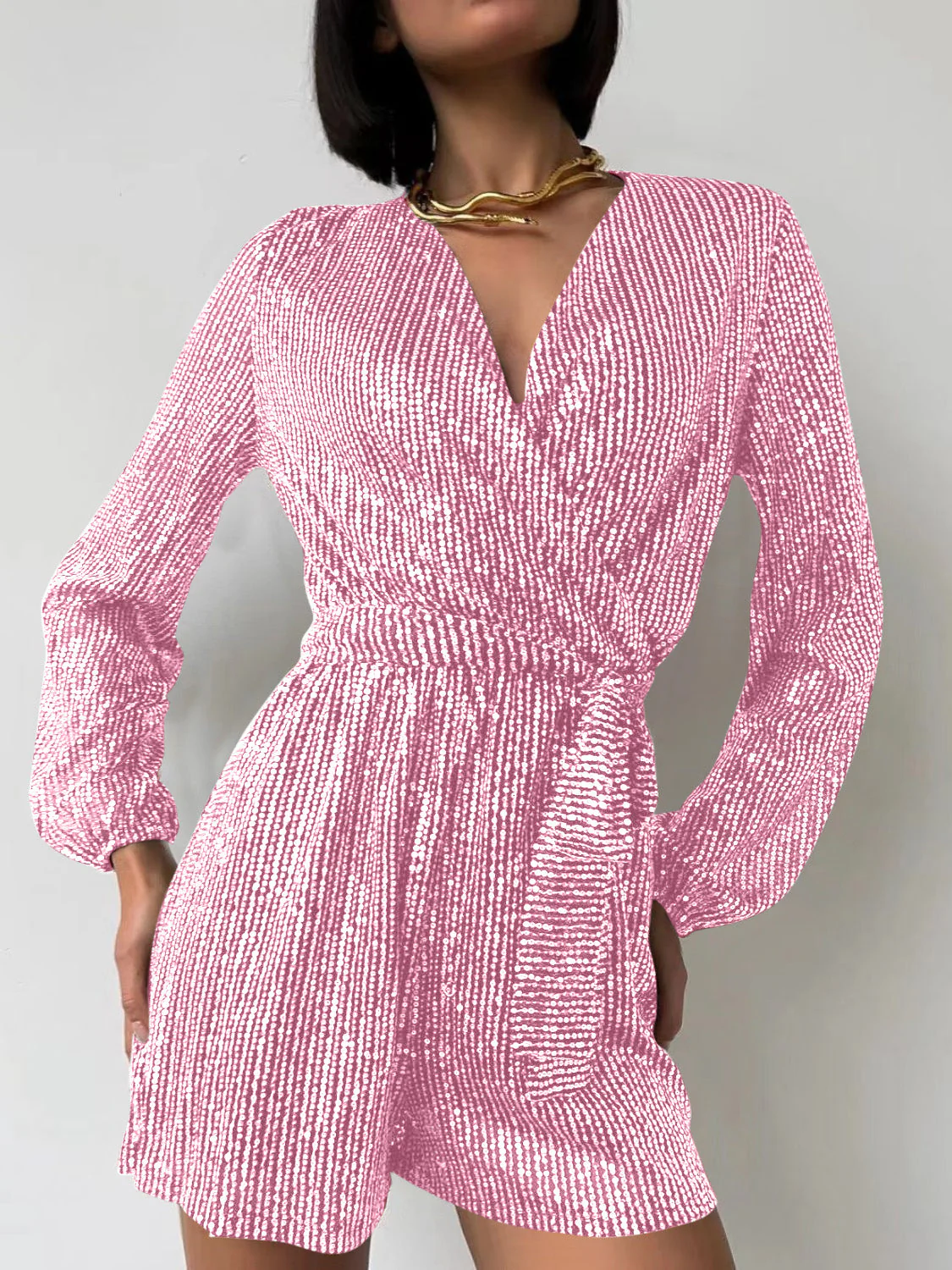 Full Size Sequin Surplice Tie Waist Long Sleeve Romper - Image 25