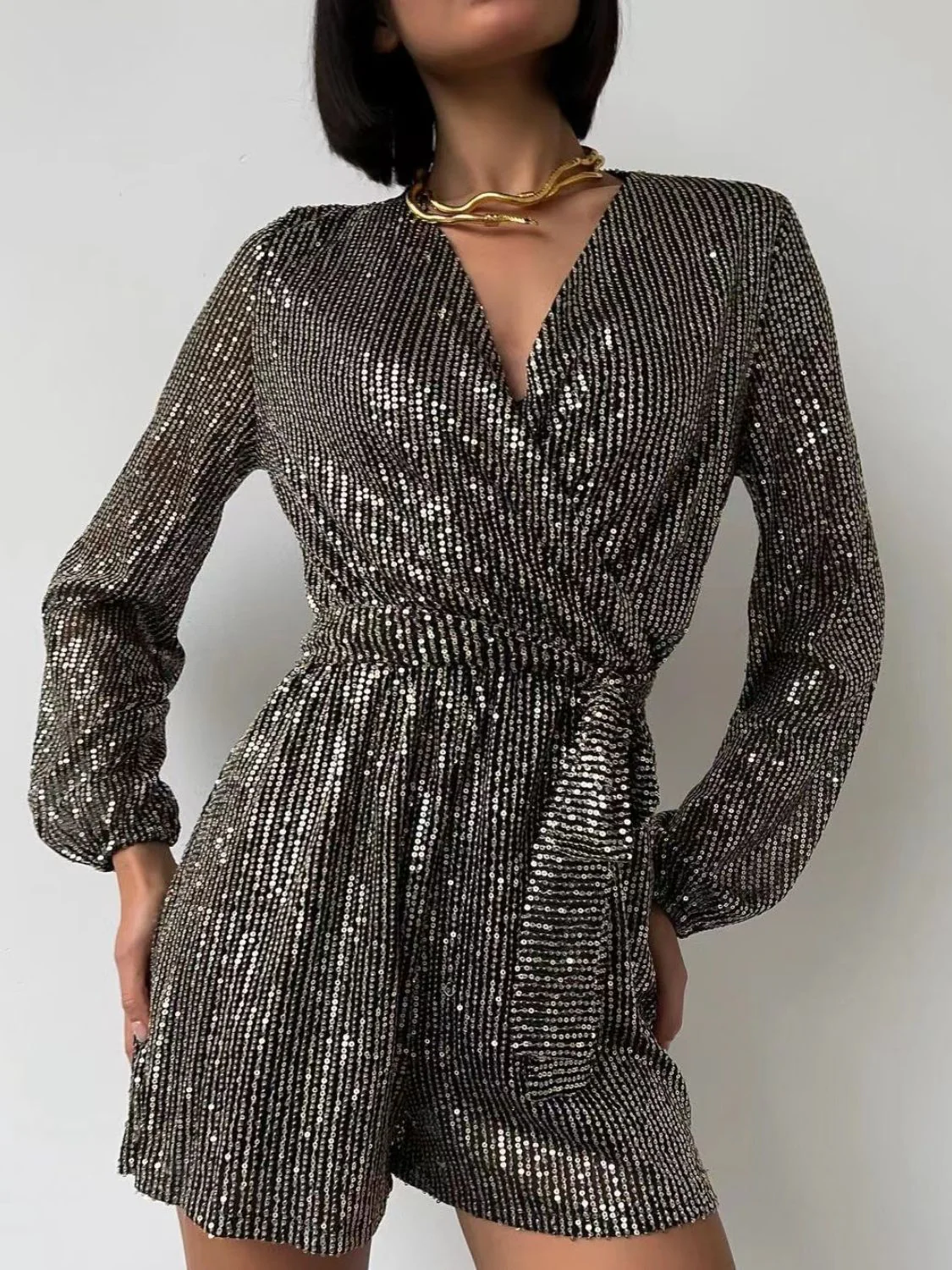 Full Size Sequin Surplice Tie Waist Long Sleeve Romper - Image 3