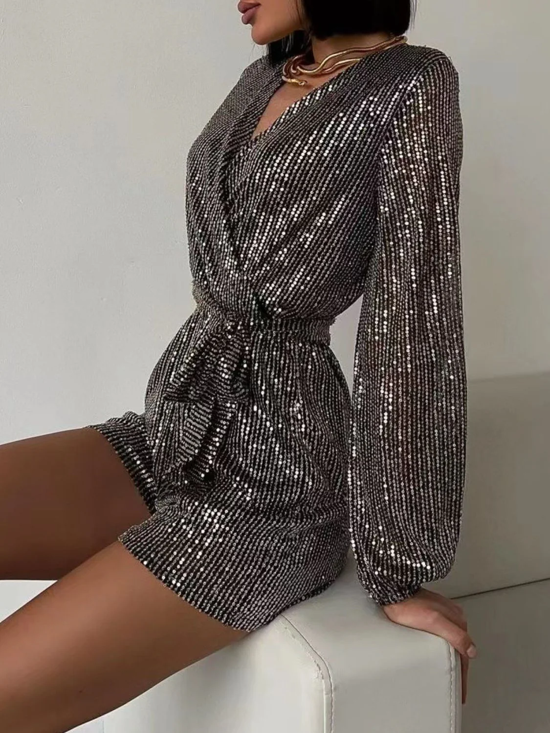 Full Size Sequin Surplice Tie Waist Long Sleeve Romper - Image 4