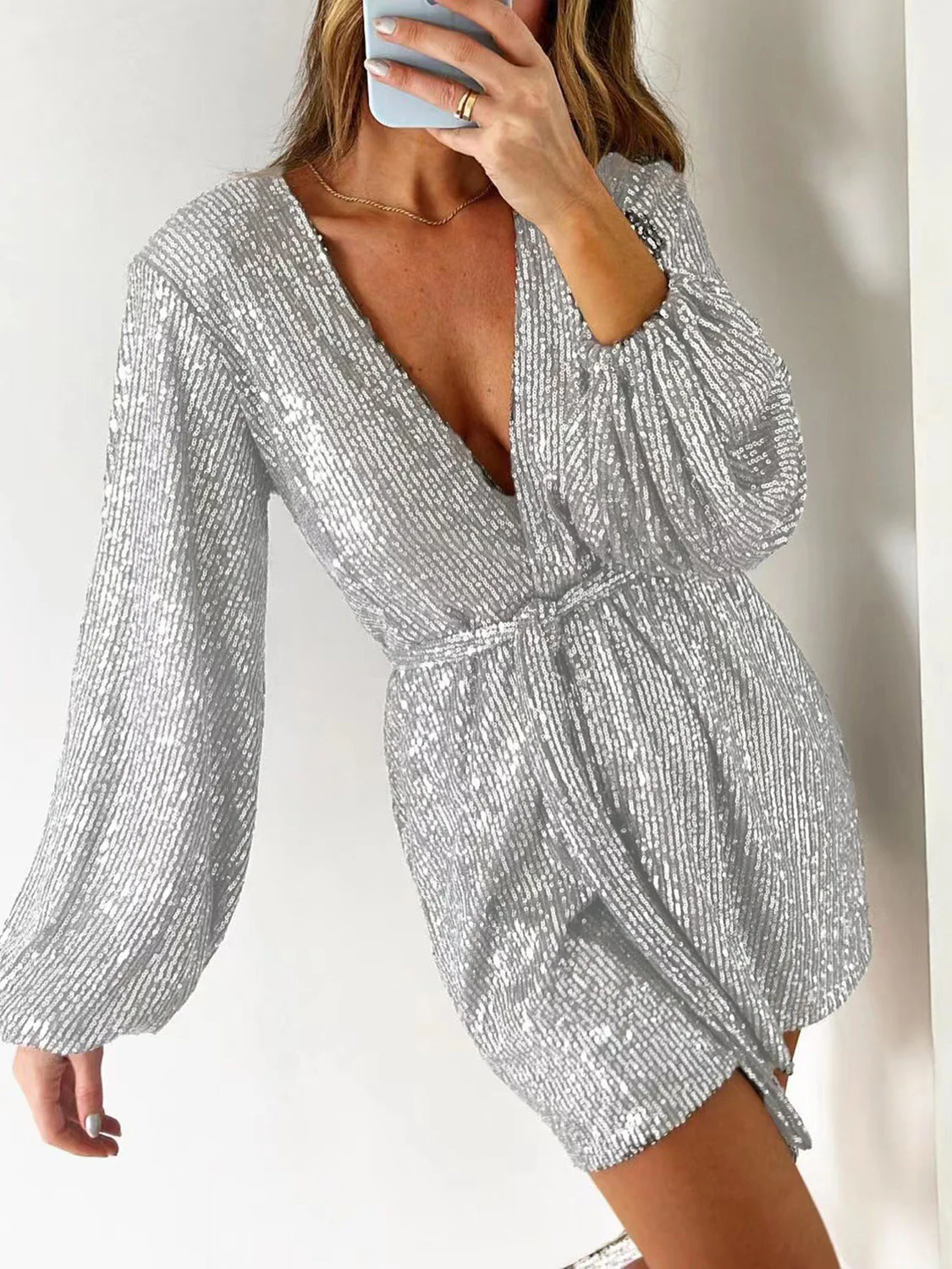 Full Size Sequin Surplice Tie Waist Long Sleeve Romper - Image 7