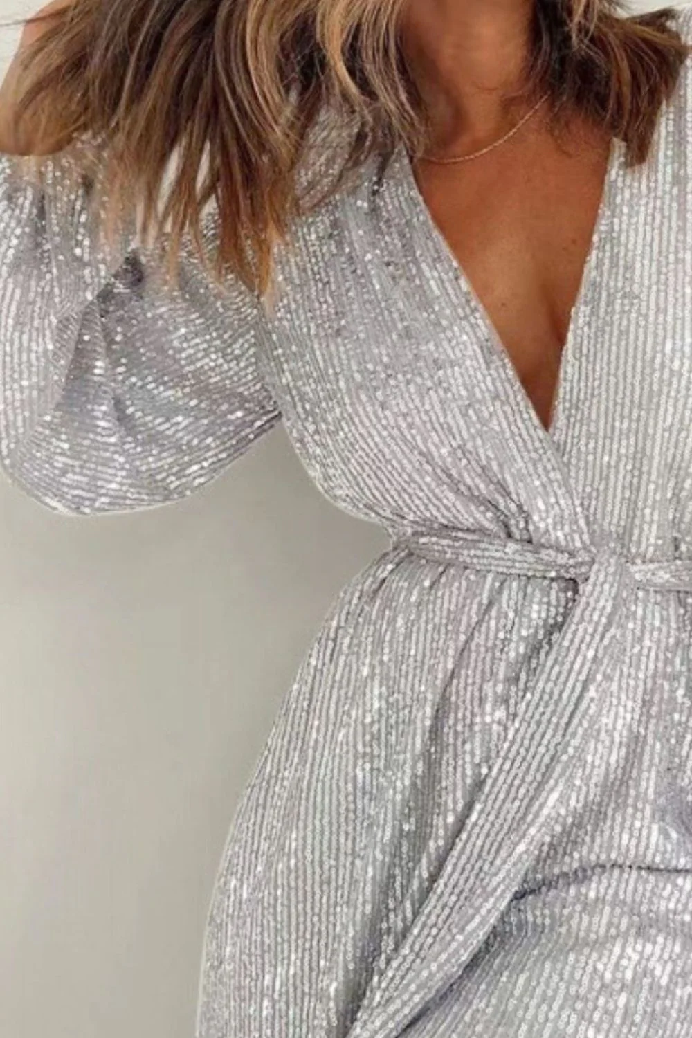 Full Size Sequin Surplice Tie Waist Long Sleeve Romper - Image 8