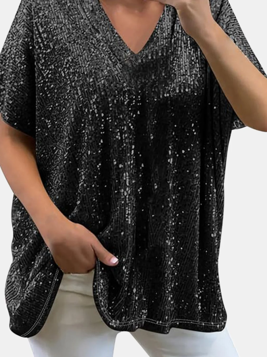 Full Size Sequin V-Neck Short Sleeve Top - Image 11