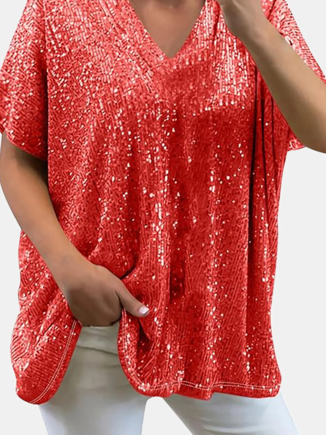 Full Size Sequin V-Neck Short Sleeve Top - Image 14
