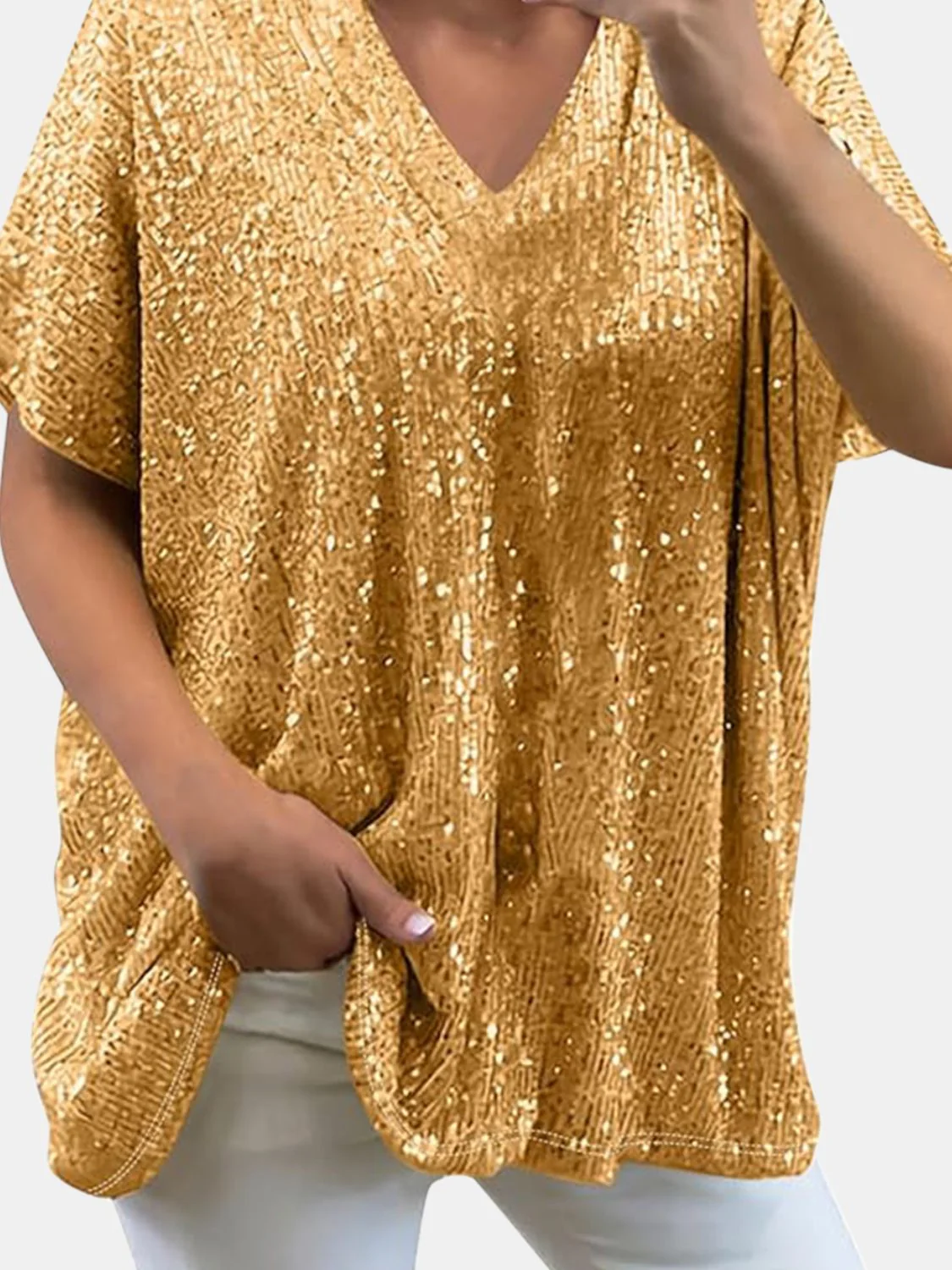 Full Size Sequin V-Neck Short Sleeve Top - Image 17