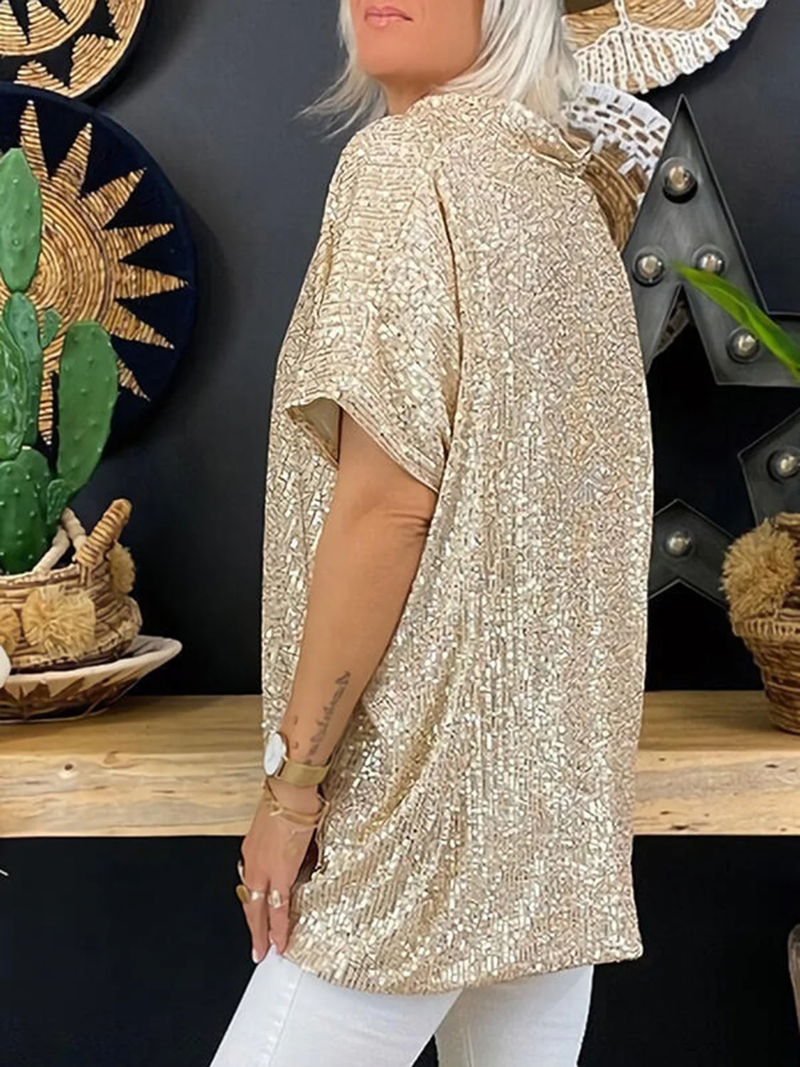 Full Size Sequin V-Neck Short Sleeve Top - Image 2