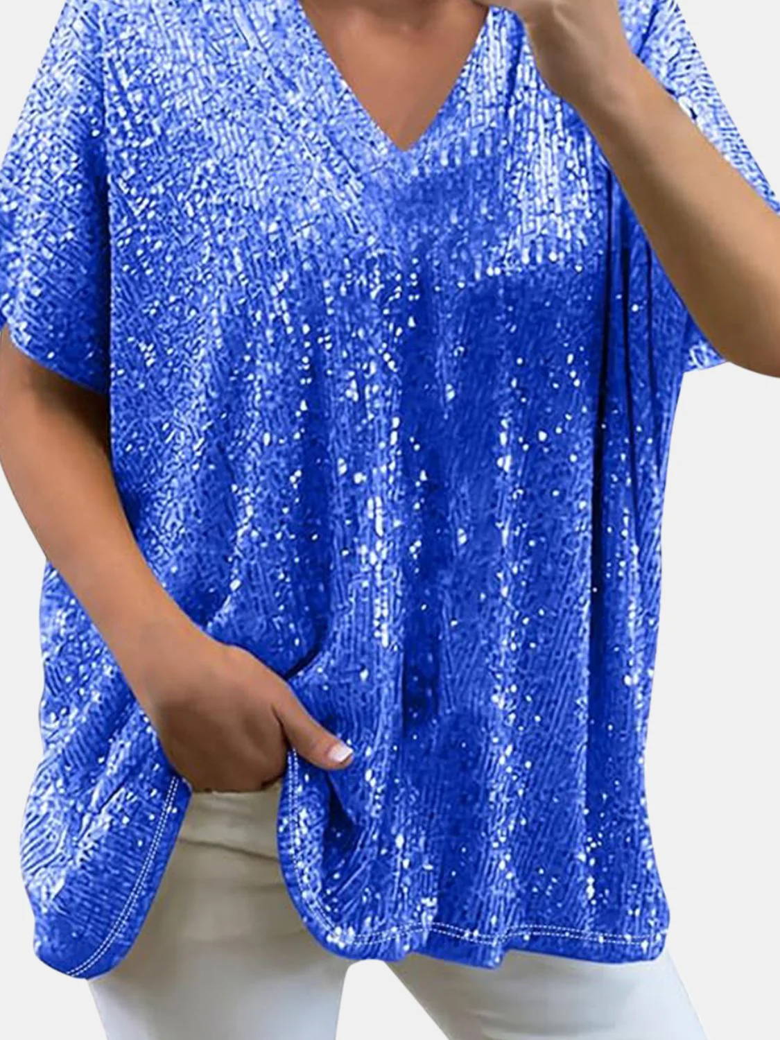 Full Size Sequin V-Neck Short Sleeve Top - Image 21
