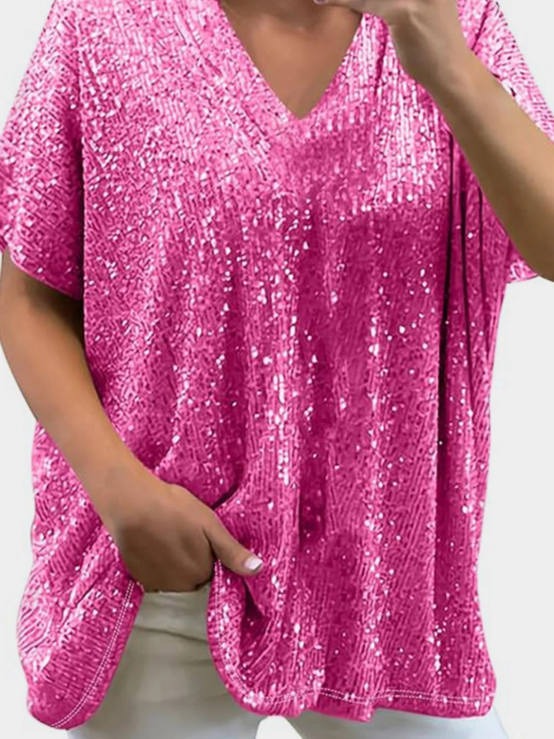 Full Size Sequin V-Neck Short Sleeve Top - Image 23