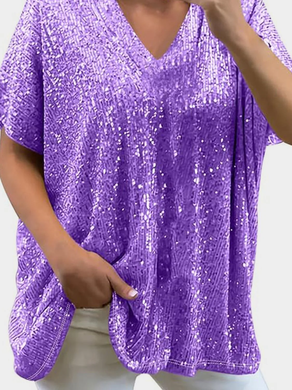 Full Size Sequin V-Neck Short Sleeve Top - Image 26