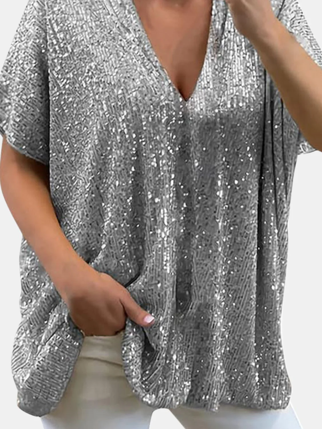 Full Size Sequin V-Neck Short Sleeve Top - Image 7