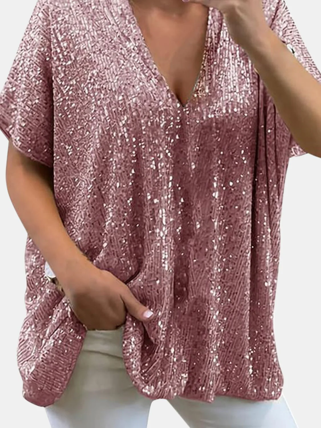 Full Size Sequin V-Neck Short Sleeve Top - Image 8