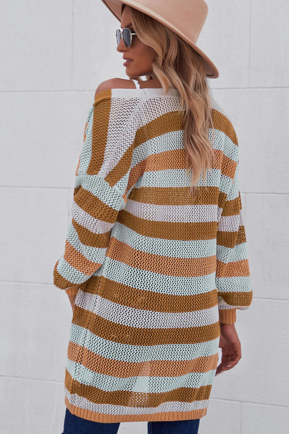 Full Size Striped Long Sleeve Openwork Cardigan - Image 11