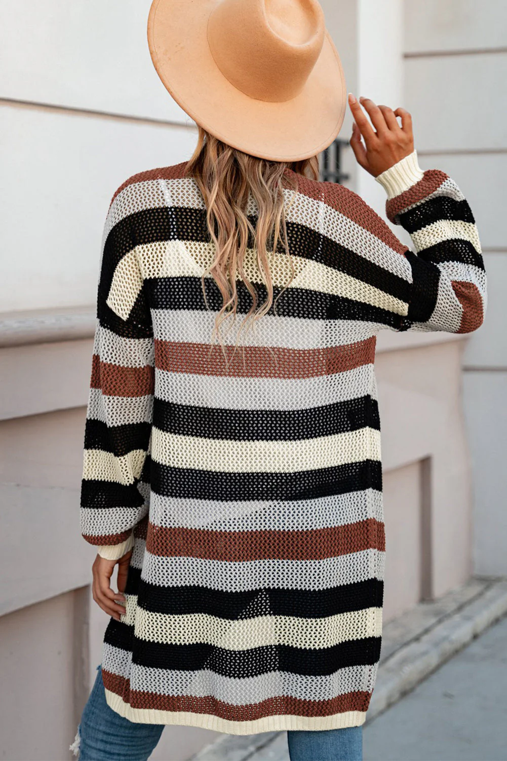 Full Size Striped Long Sleeve Openwork Cardigan - Image 2
