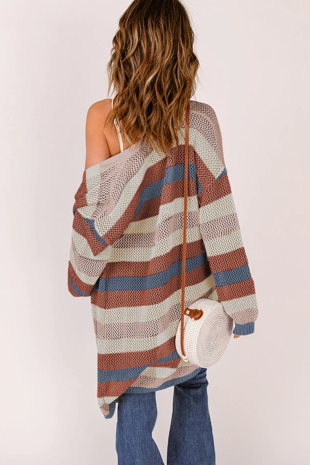 Full Size Striped Long Sleeve Openwork Cardigan - Image 6