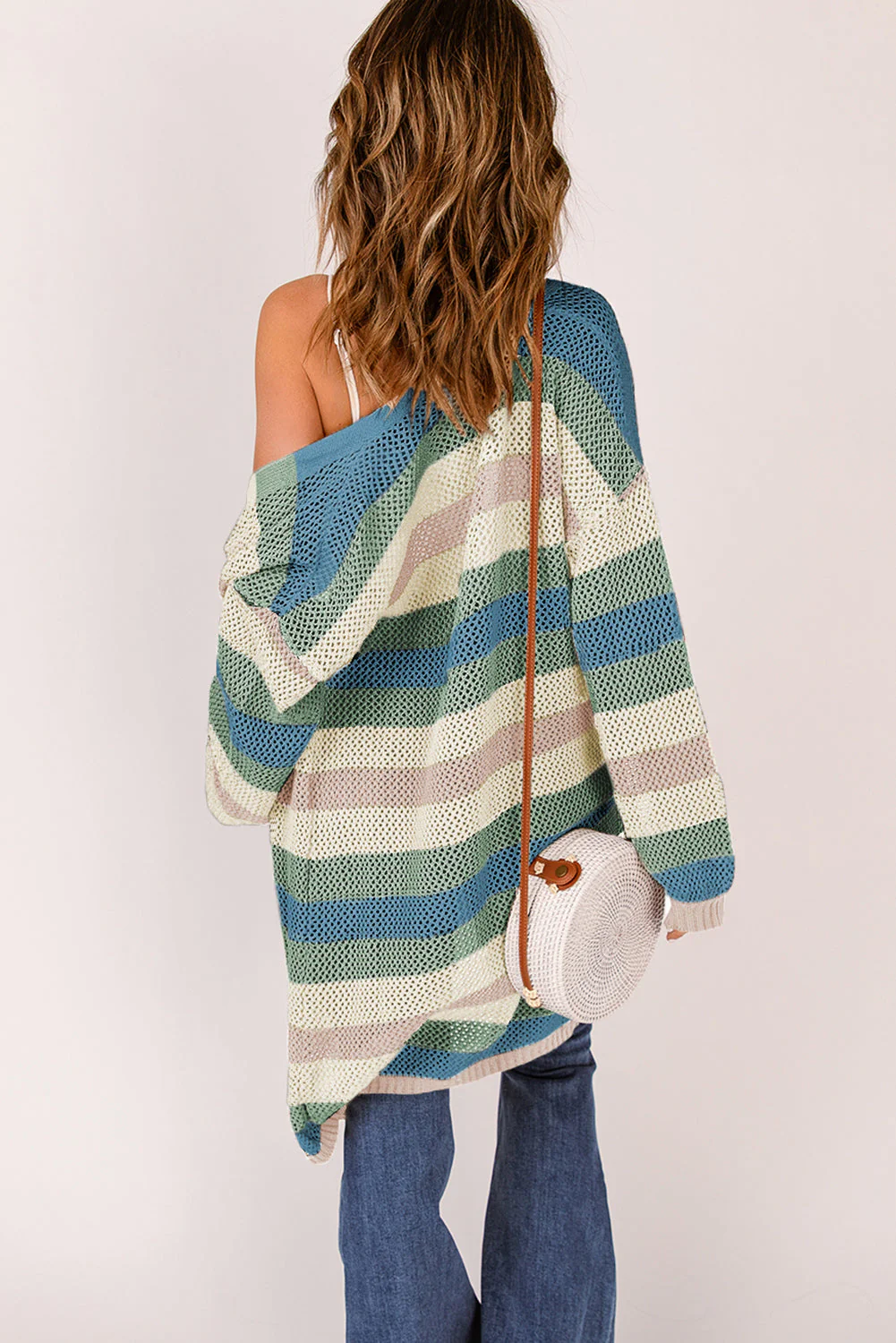 Full Size Striped Long Sleeve Openwork Cardigan - Image 9