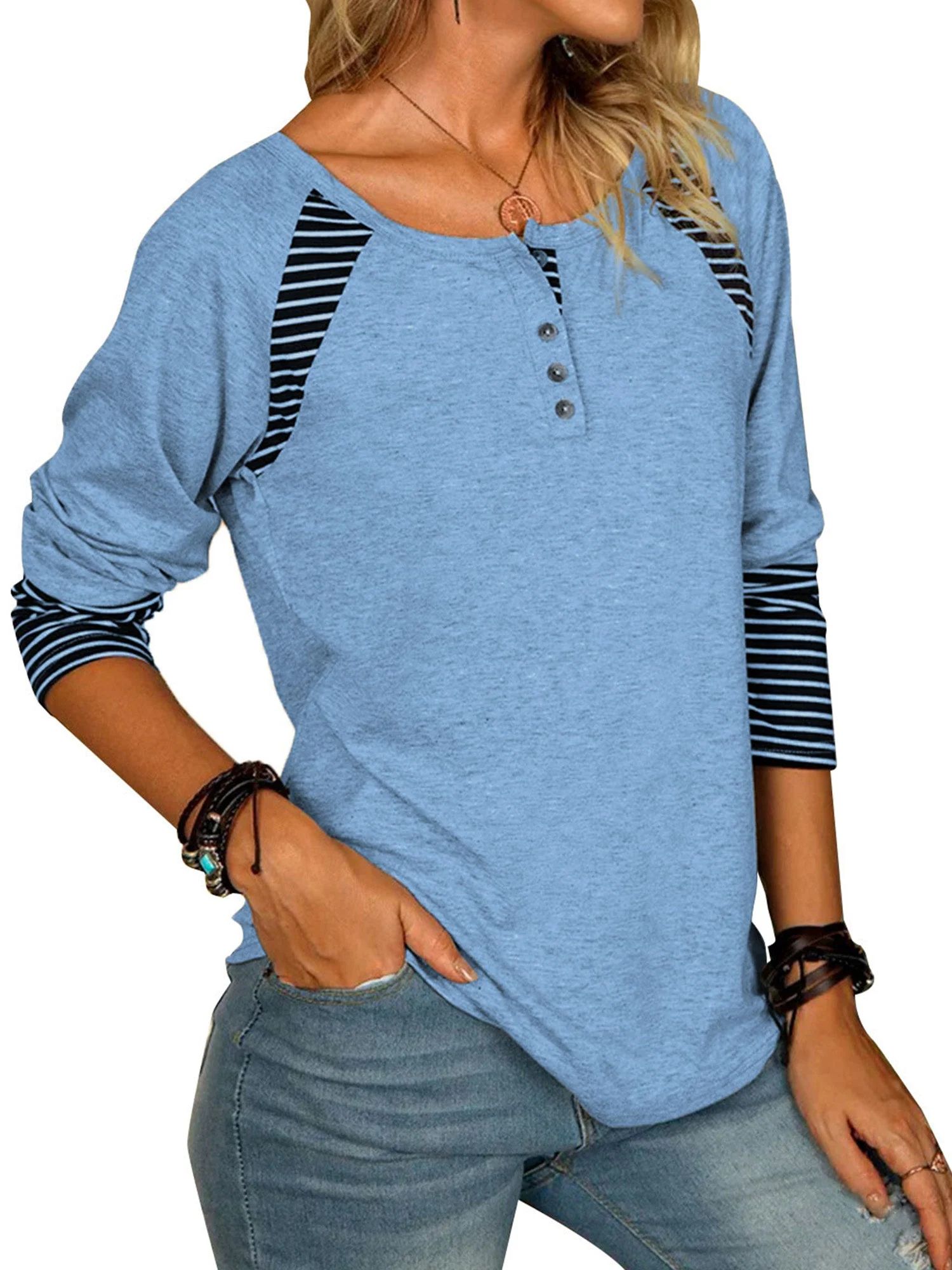 Full Size Striped Quarter Button Long Sleeve T-Shirt - Image 12