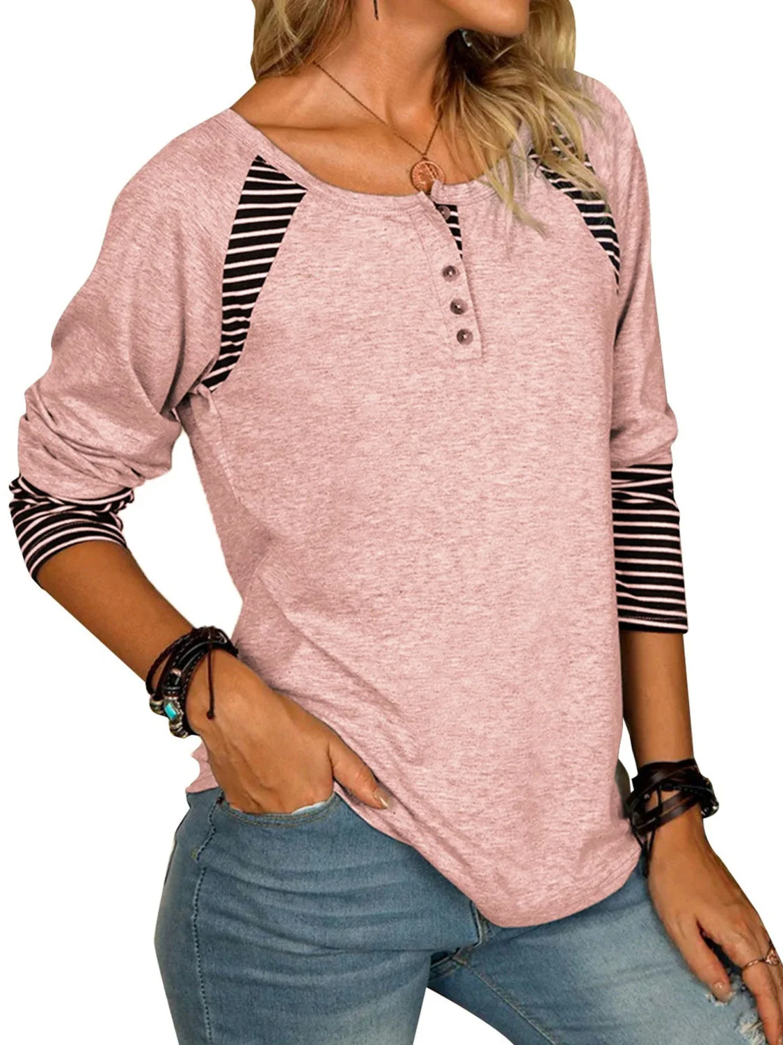 Full Size Striped Quarter Button Long Sleeve T-Shirt - Image 14