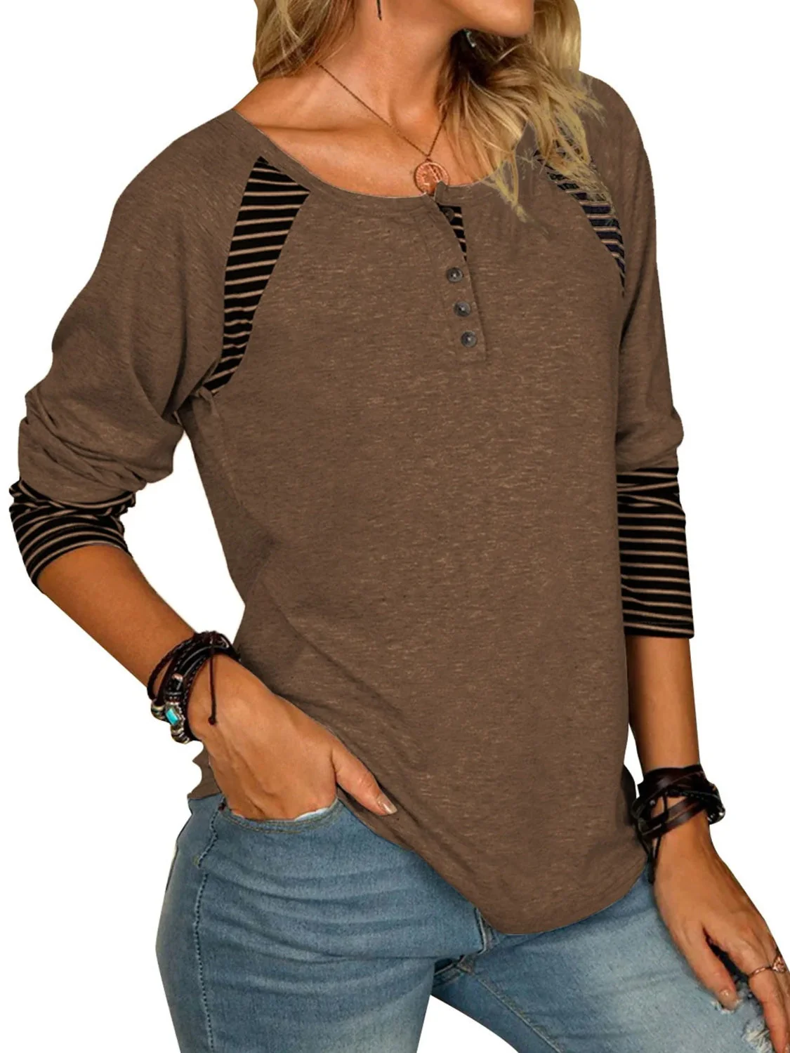 Full Size Striped Quarter Button Long Sleeve T-Shirt - Image 18