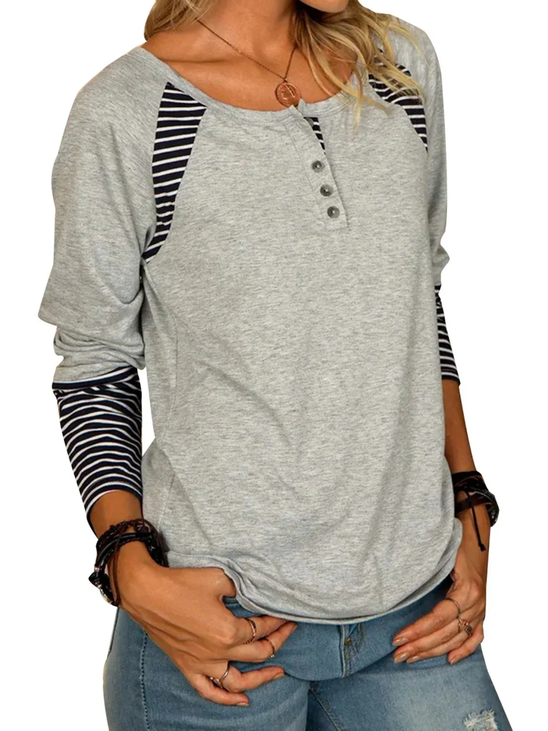 Full Size Striped Quarter Button Long Sleeve T-Shirt - Image 2