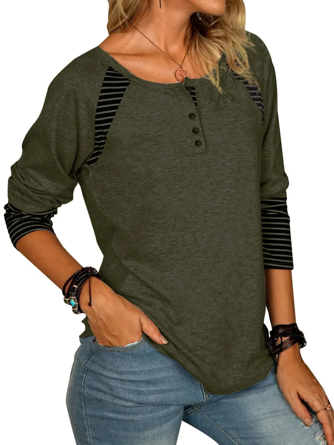 Full Size Striped Quarter Button Long Sleeve T-Shirt - Image 5