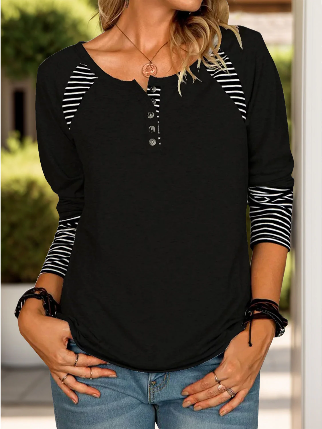 Full Size Striped Quarter Button Long Sleeve T-Shirt - Image 7