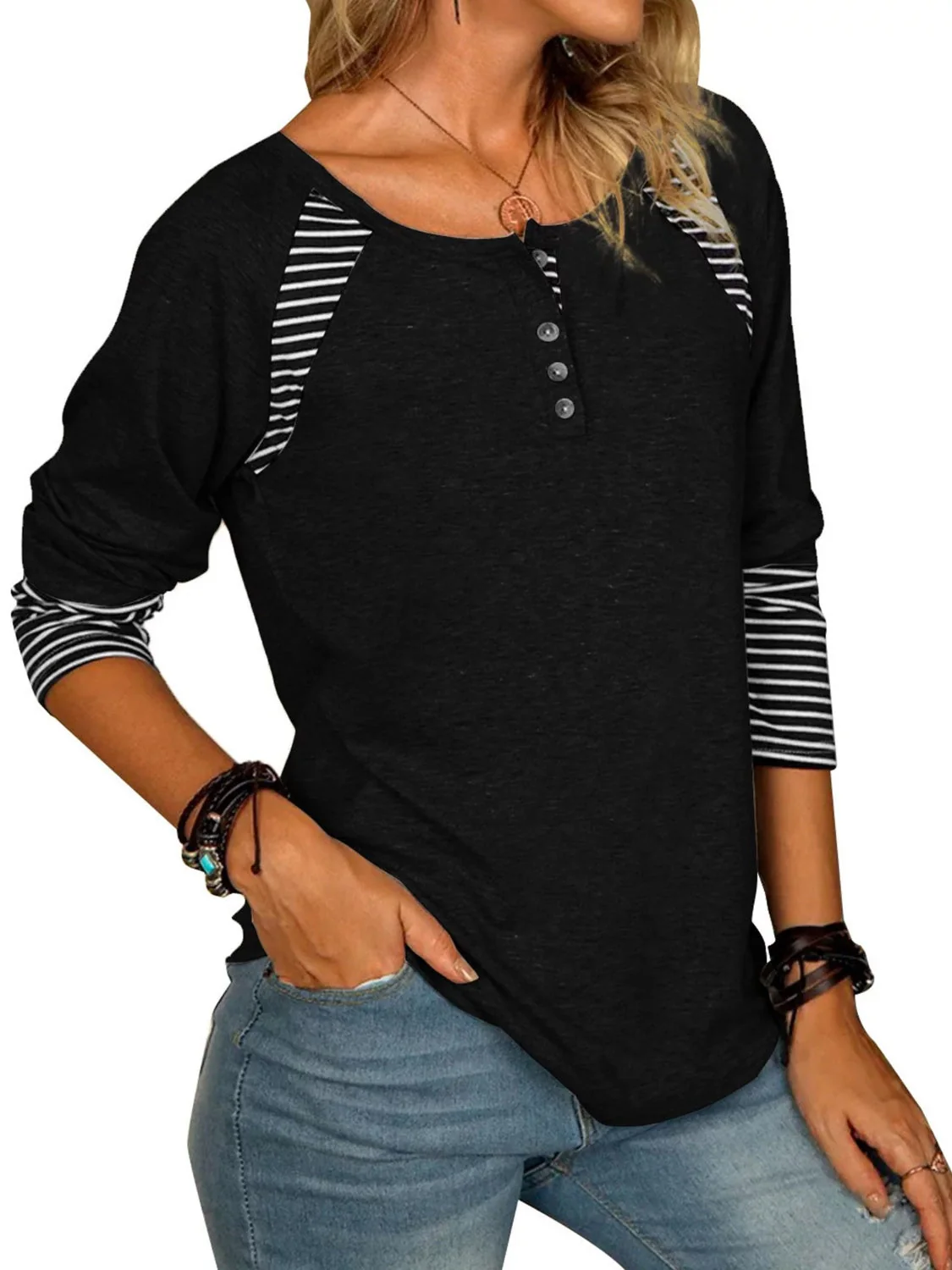 Full Size Striped Quarter Button Long Sleeve T-Shirt - Image 8