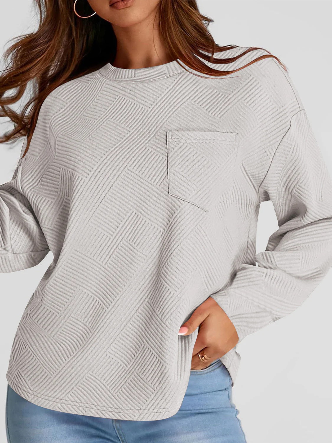Full Size Texture Round Neck Long Sleeve Sweatshirt - Image 10