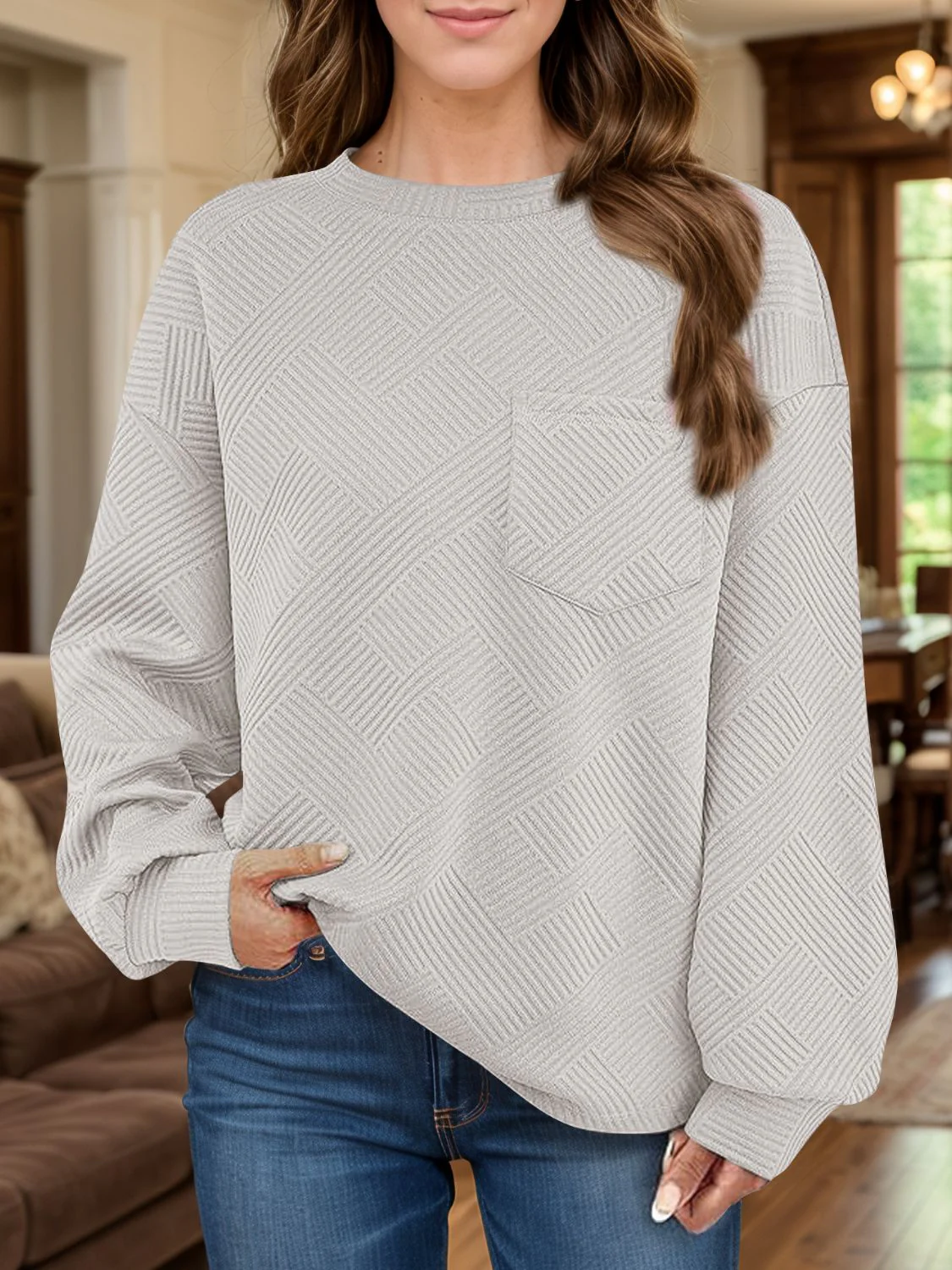 Full Size Texture Round Neck Long Sleeve Sweatshirt - Image 12