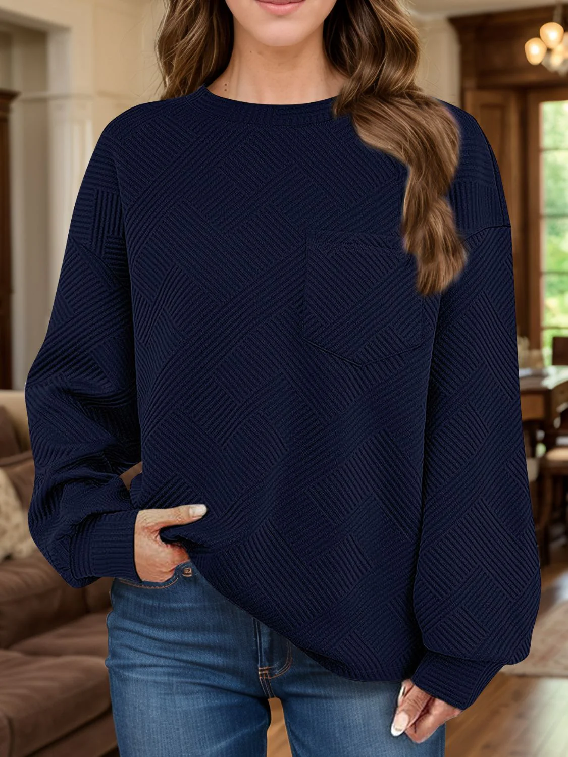Full Size Texture Round Neck Long Sleeve Sweatshirt - Image 17
