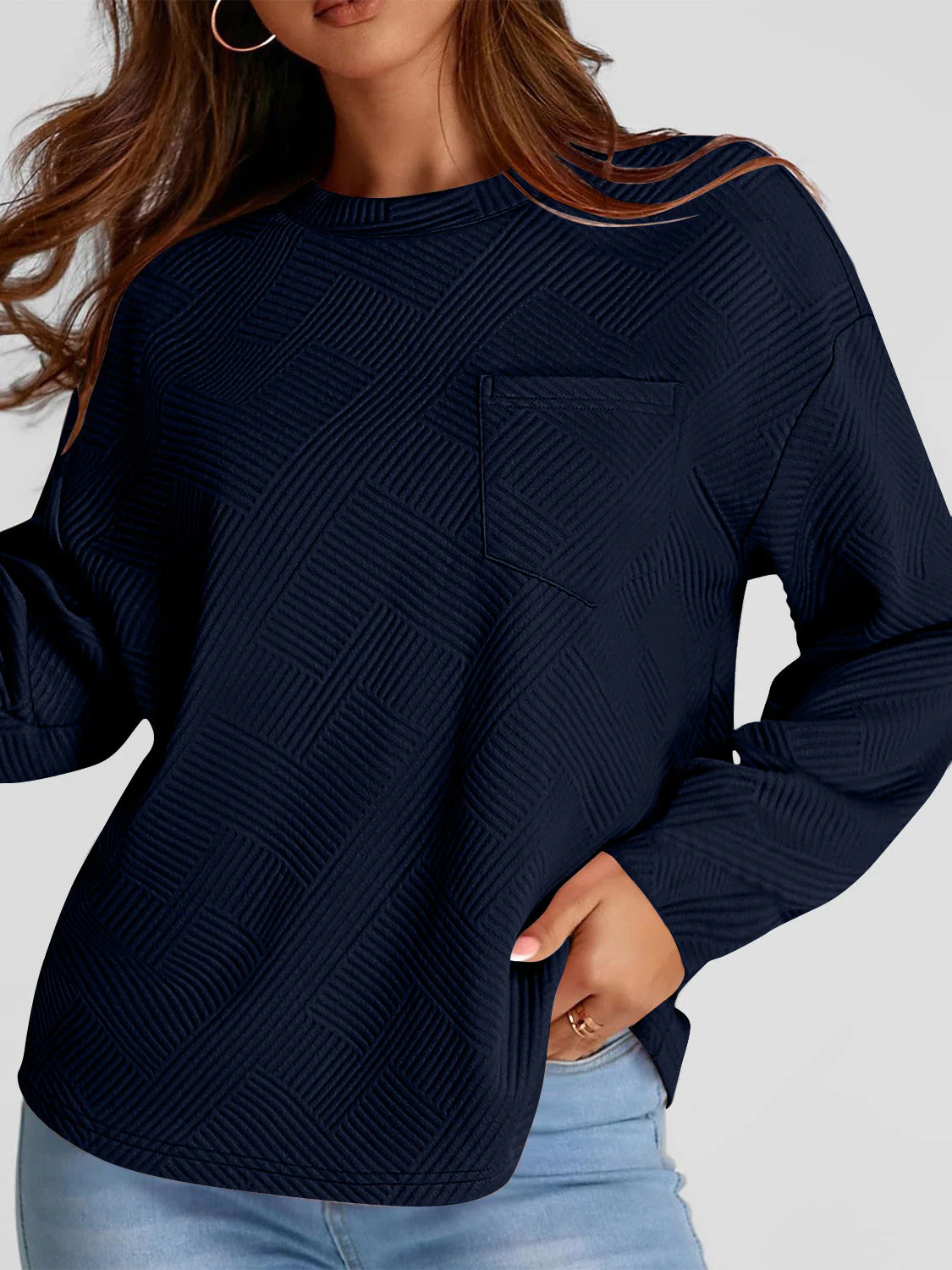 Full Size Texture Round Neck Long Sleeve Sweatshirt - Image 18