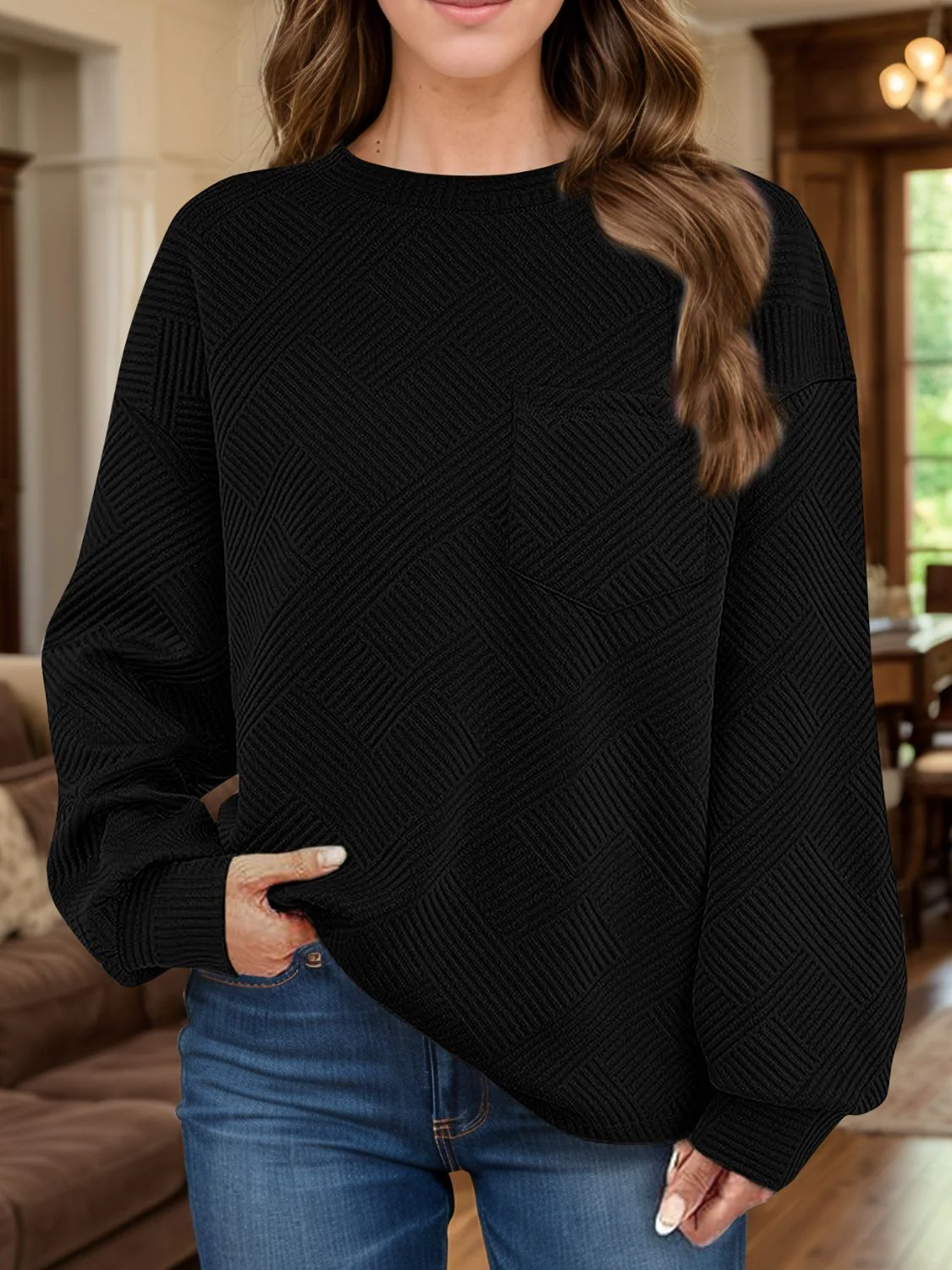 Full Size Texture Round Neck Long Sleeve Sweatshirt - Image 20