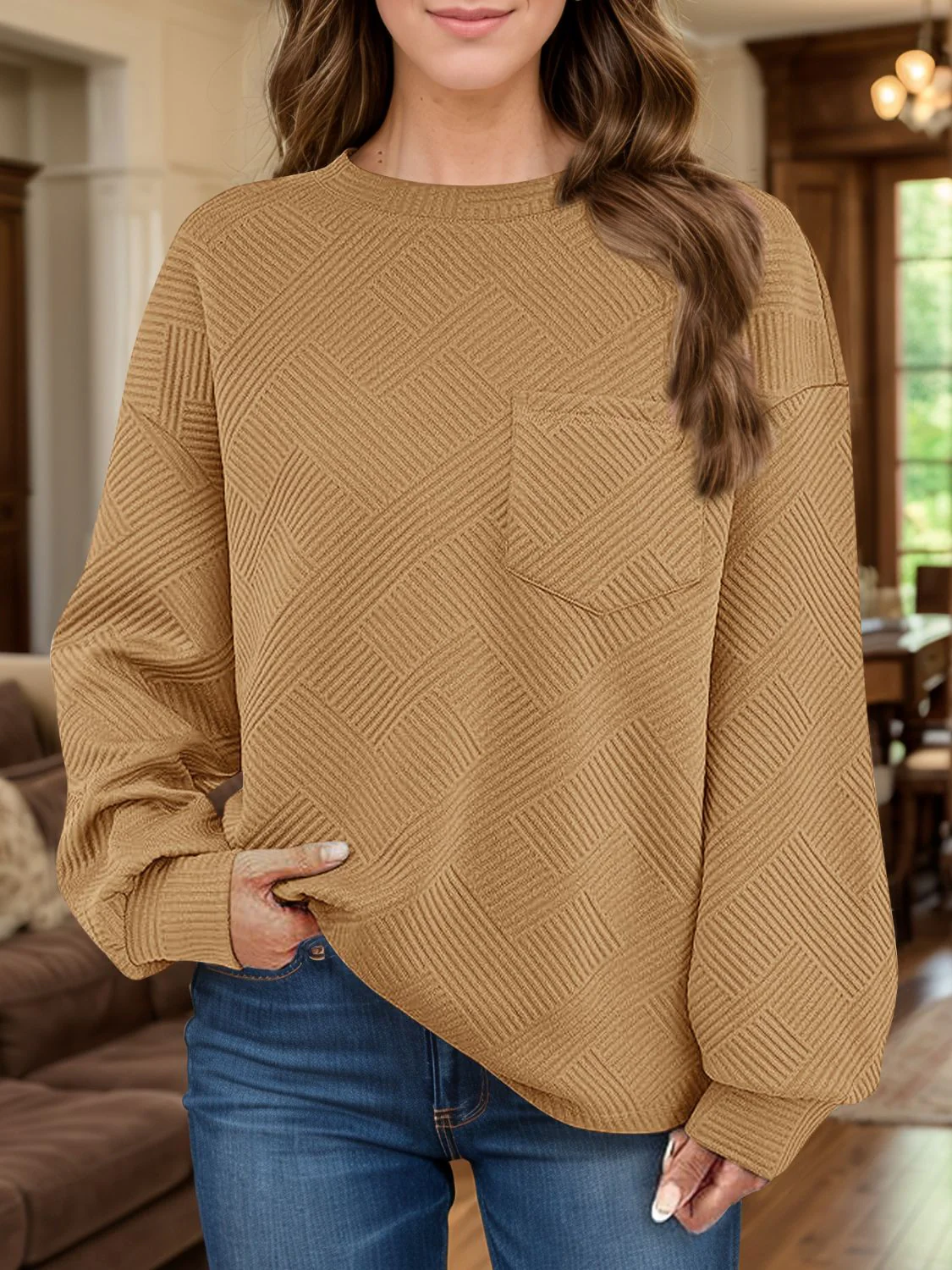 Full Size Texture Round Neck Long Sleeve Sweatshirt - Image 4