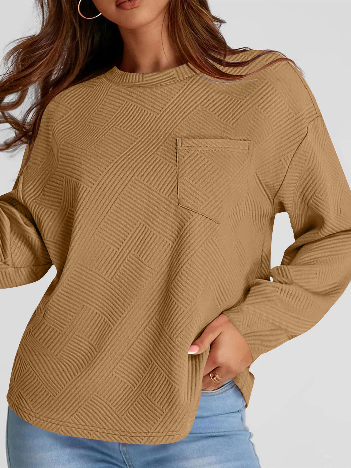 Full Size Texture Round Neck Long Sleeve Sweatshirt - Image 5