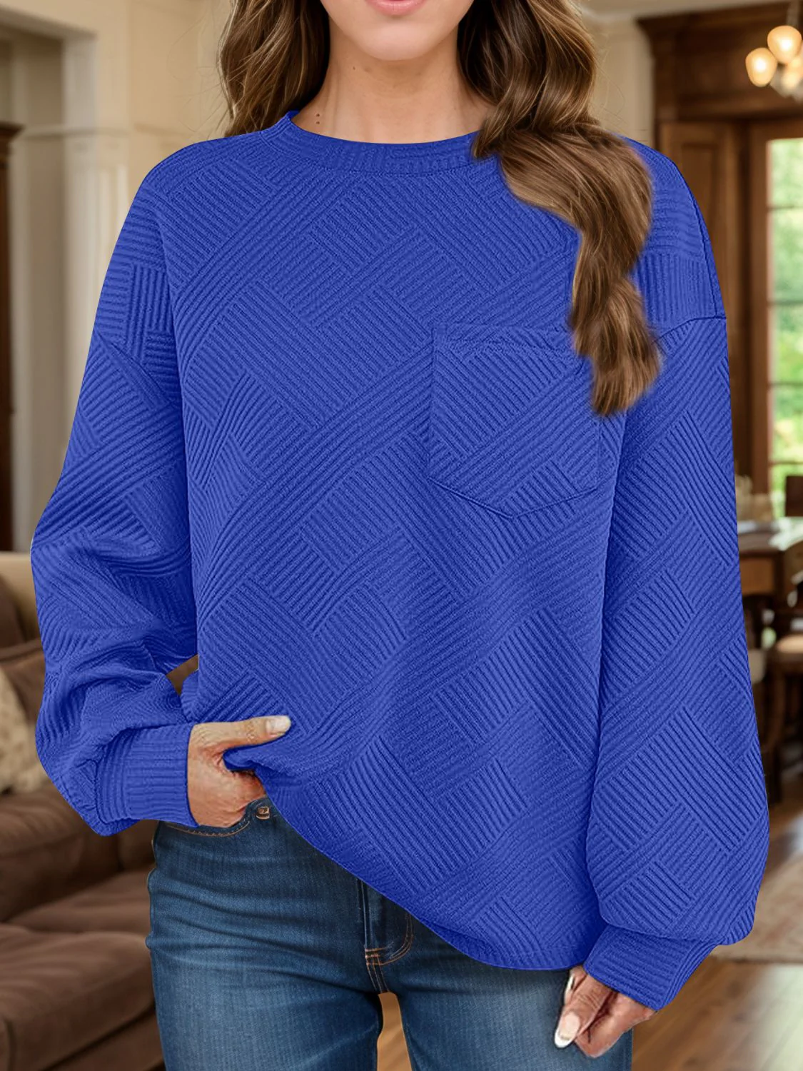 Full Size Texture Round Neck Long Sleeve Sweatshirt - Image 8
