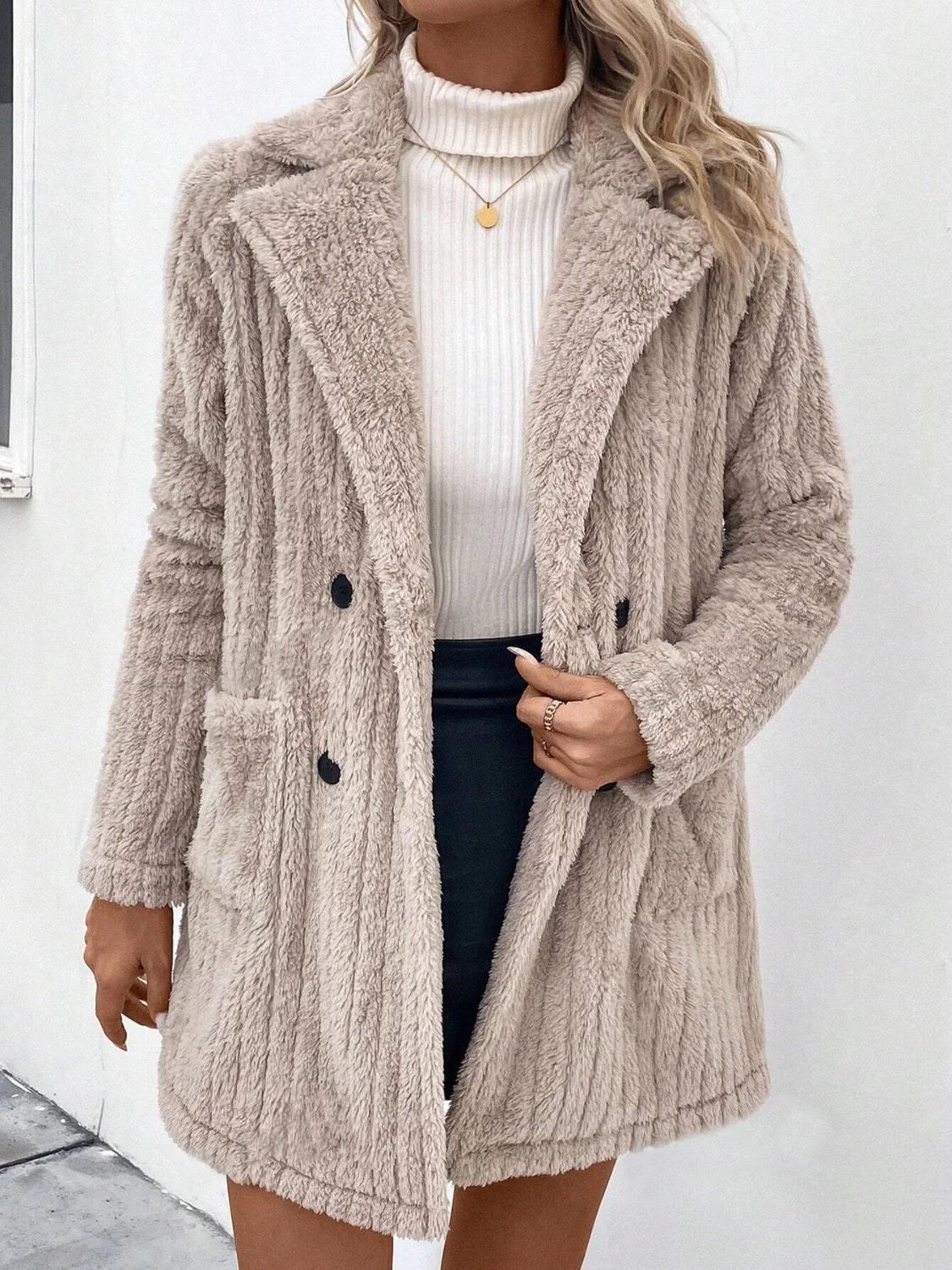 Fuzzy Button Up Long Sleeve Coat with Pockets - Image 2