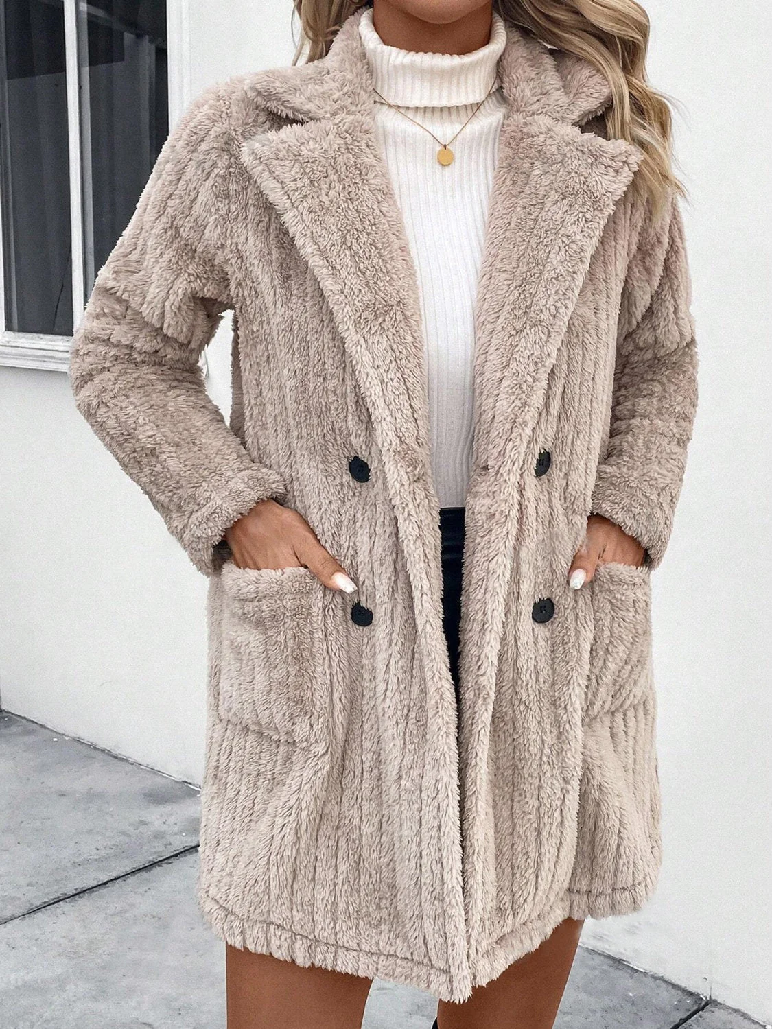 Fuzzy Button Up Long Sleeve Coat with Pockets - Image 3