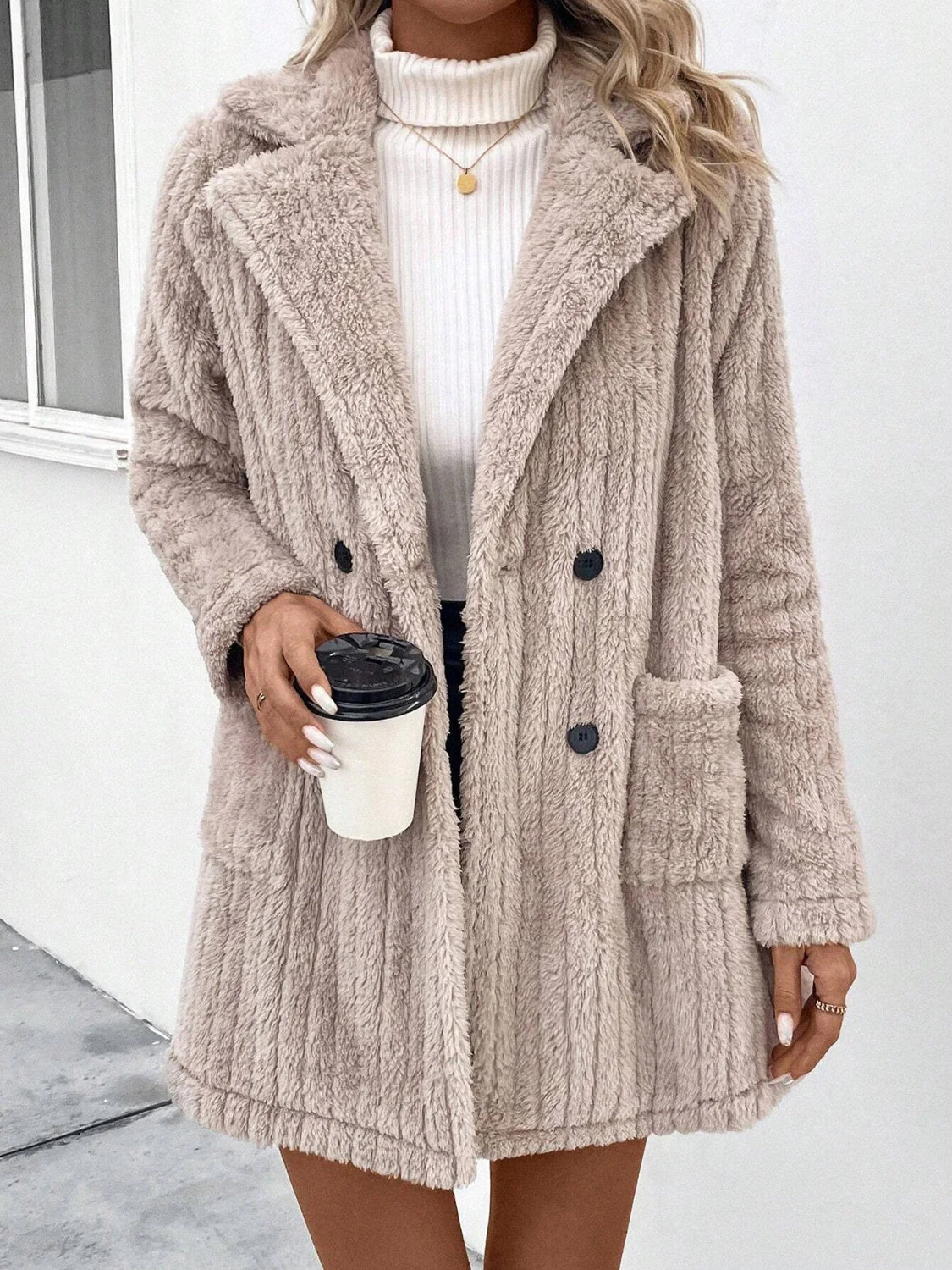 Fuzzy Button Up Long Sleeve Coat with Pockets - Image 5