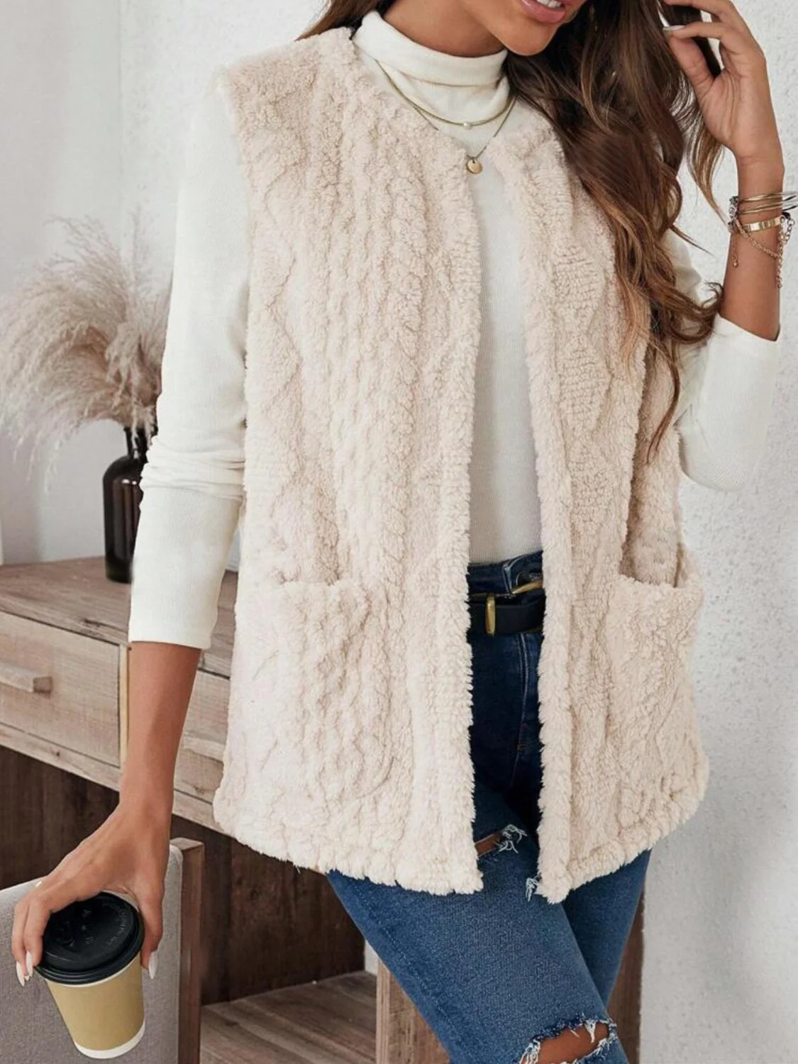 Fuzzy Open Front Vest with Pockets - Image 3
