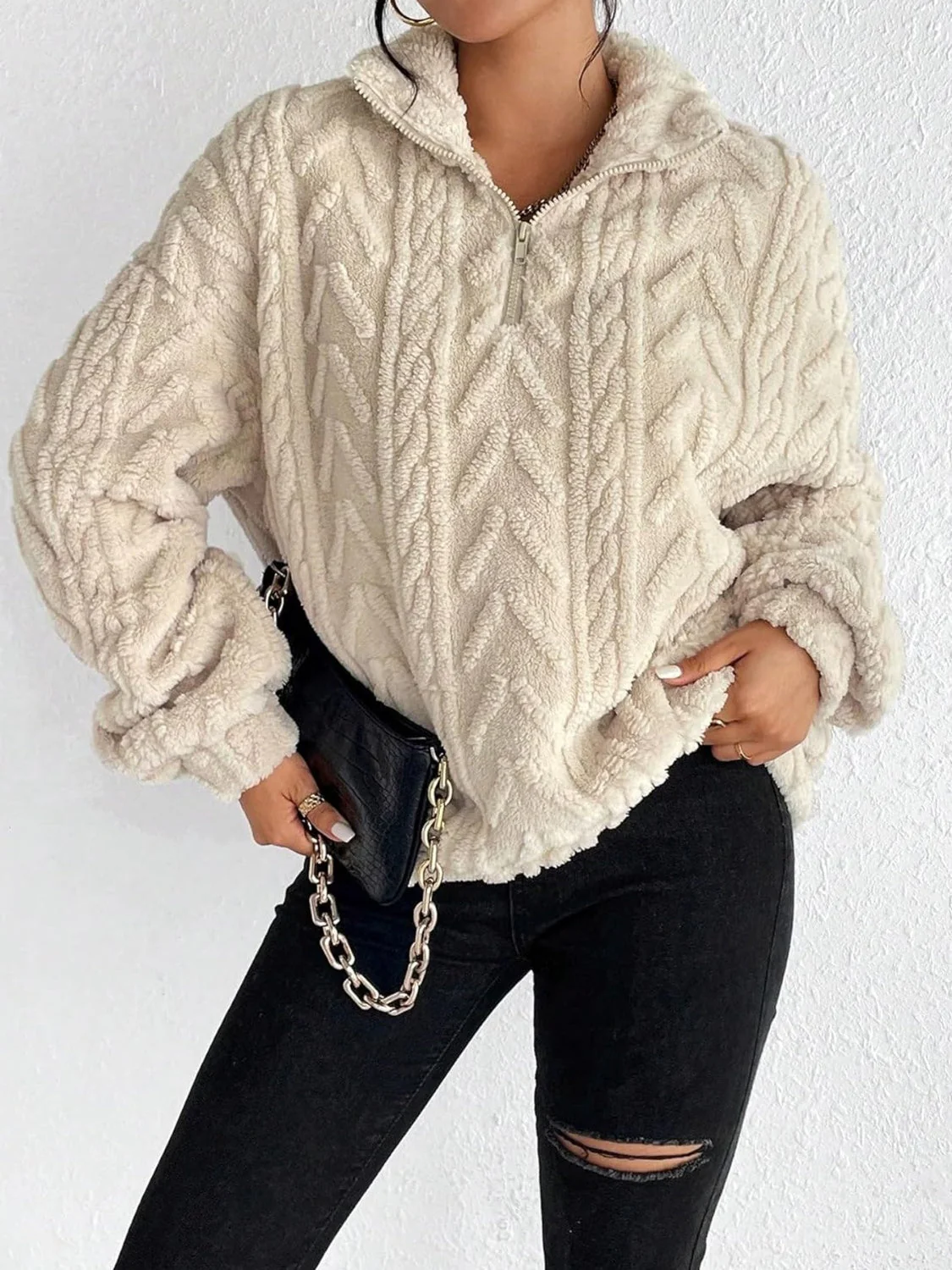 Fuzzy Quarter Zip Long Sleeve Sweatshirt - Image 2
