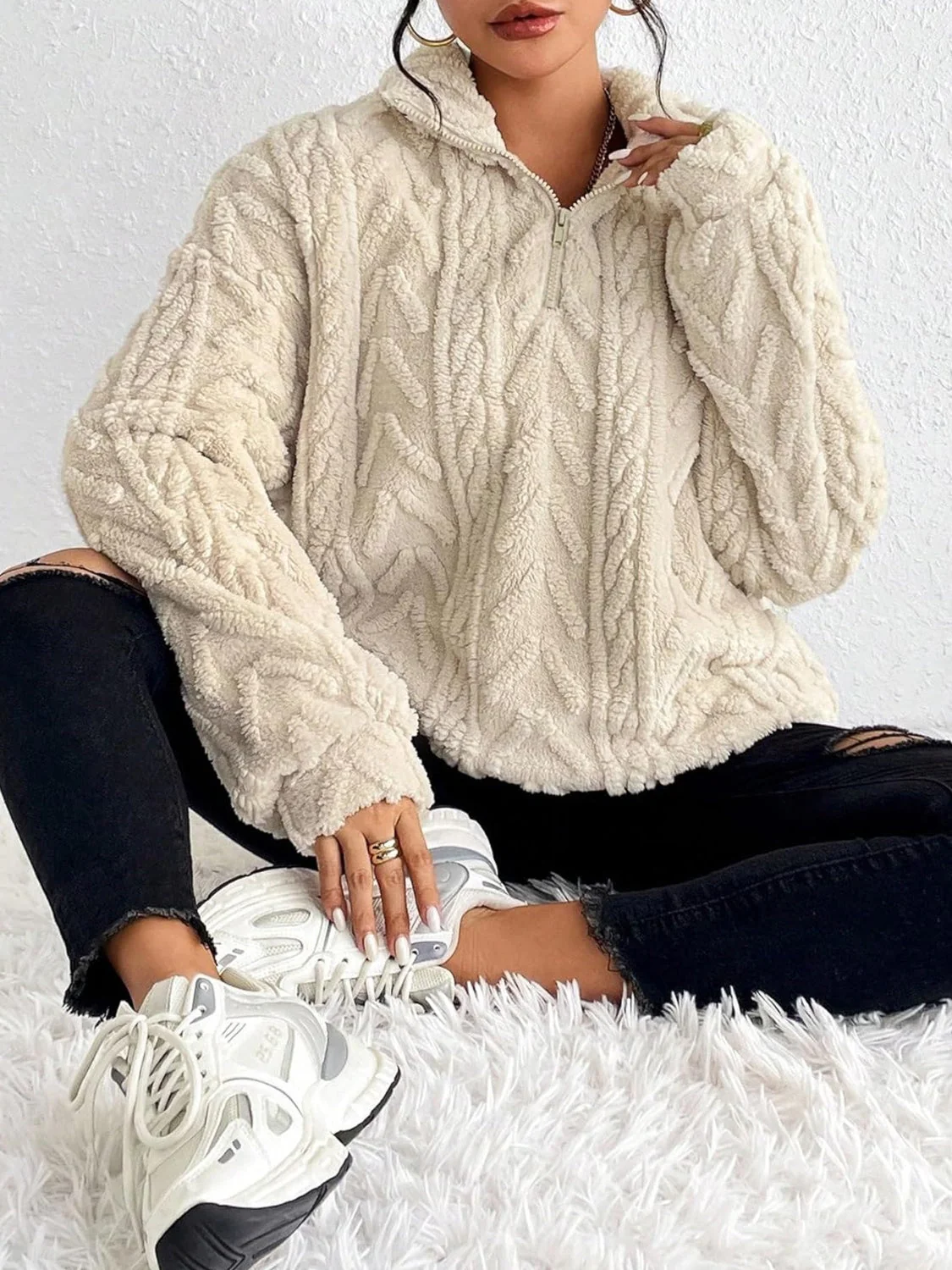 Fuzzy Quarter Zip Long Sleeve Sweatshirt - Image 3